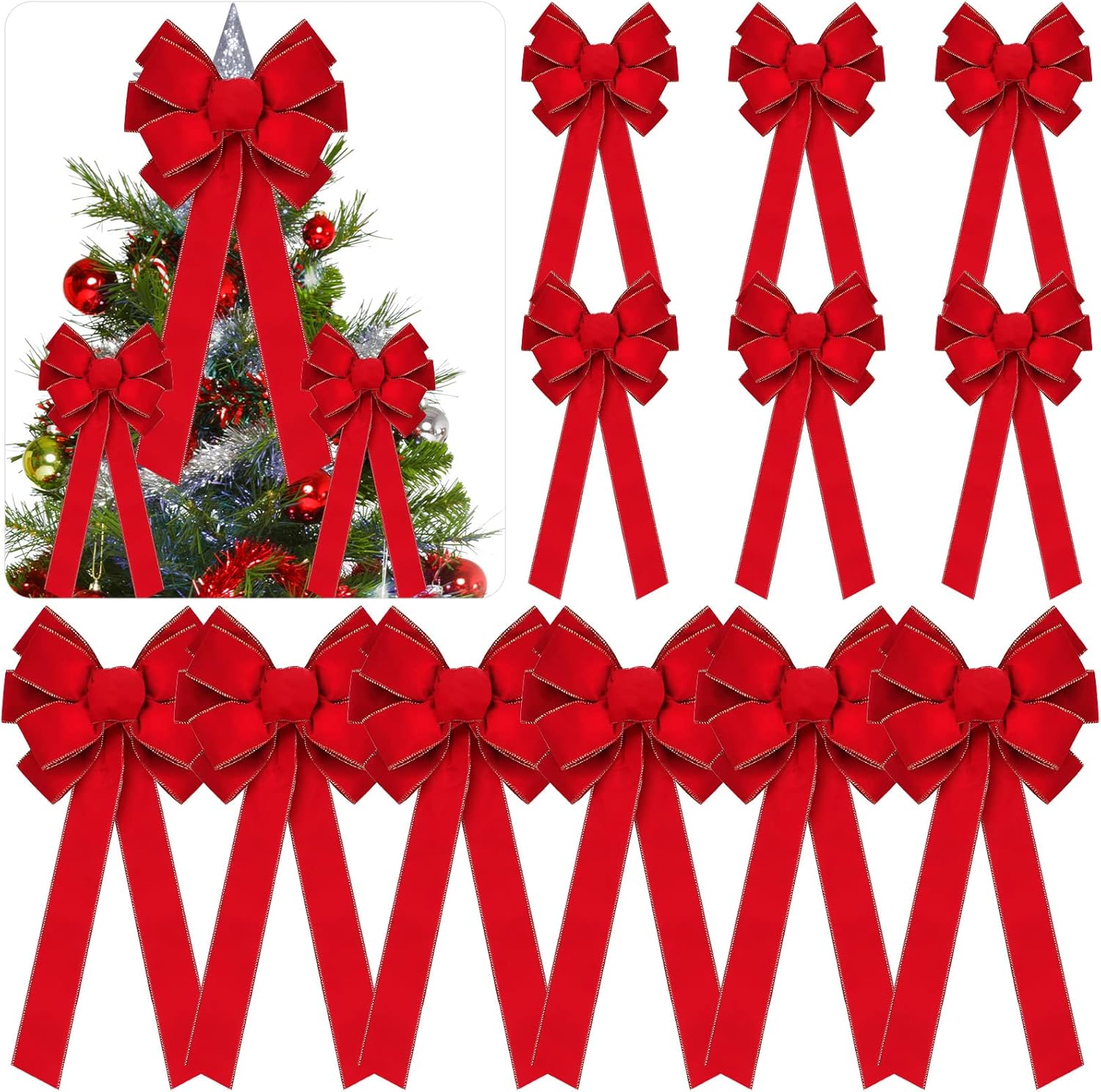 Yinkin 12 Pcs Large Red Christmas Wreath Bows Outdoor Decorations Giant Red Bow with Gold Edge Handmade Velvet Wreath Bow for Xmas Home Front Door Tree Topper Decoration, 15 x 44 Inch and 10 x 26 Inch