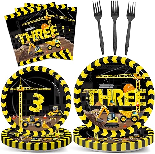 Miniatura 1 de Qyeahkj Juego de 100 piezas de vajilla de construcción para fiesta de cumpleaños de 3 años, platos de construcción desechables, servilletas,