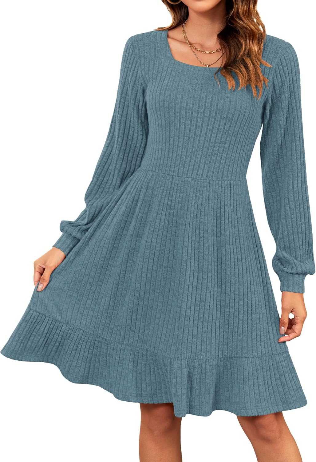 AUSELILY Womens Fall Dress 2025 Square Neck Long Sleeve Dresses Casual A Line Knit Sweater Dress with Pockets