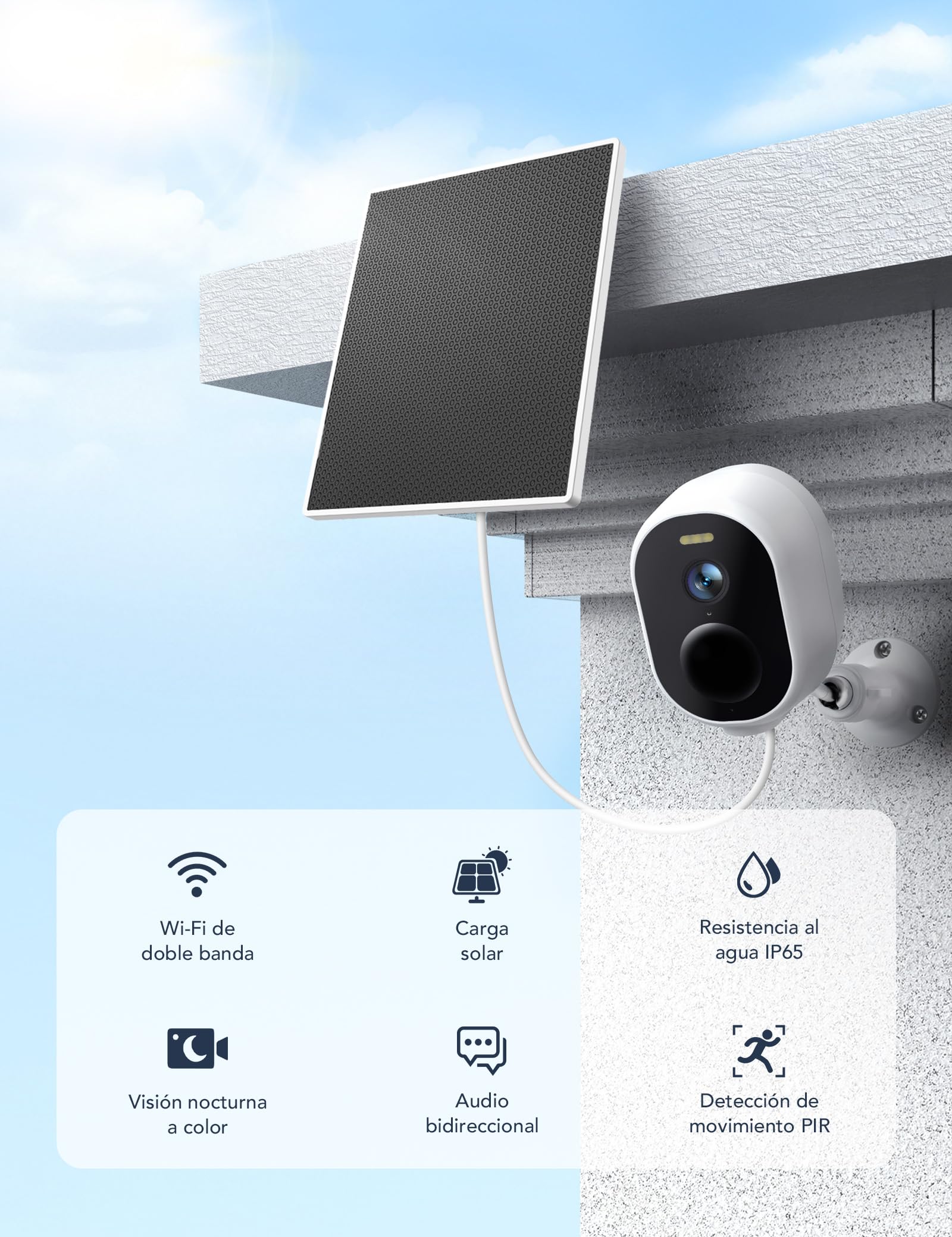 GNCC 4MP Camara Vigilancia WiFi Exterior Solar, 5200mAh Batería Recargable, 2.4/5 GHz WiFi Seguridad Camara de Vigilancia sin Cables, PIR Sirena, Visión Nocturna Color, Audio Bidirecciona, IP65