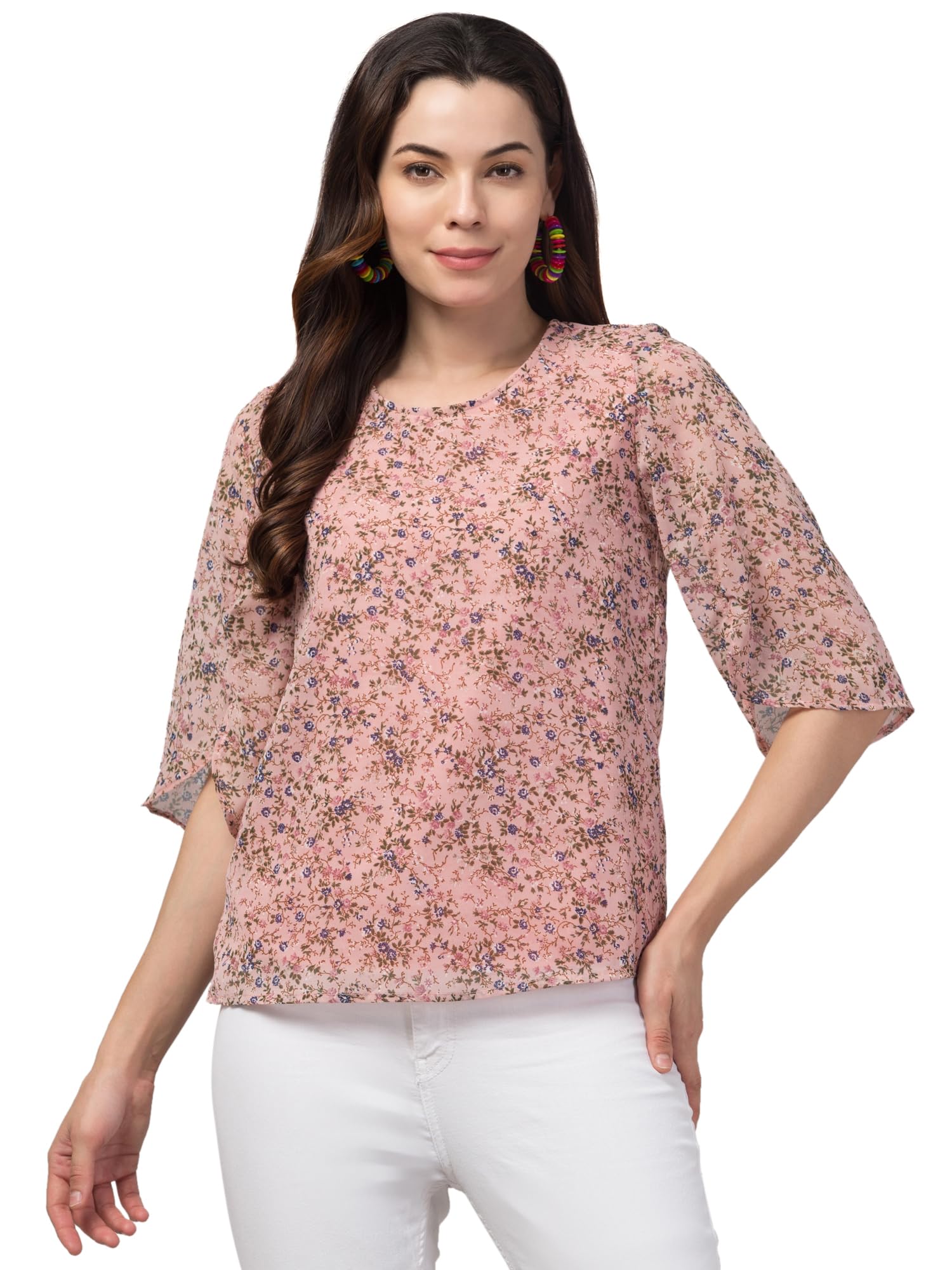 my swag Women Top Pink Floral Printed Stylish Regular Fit Half Sleeve Casual Summer Wear Western Attractive Round Neck Top for Women & Girls-picture-0