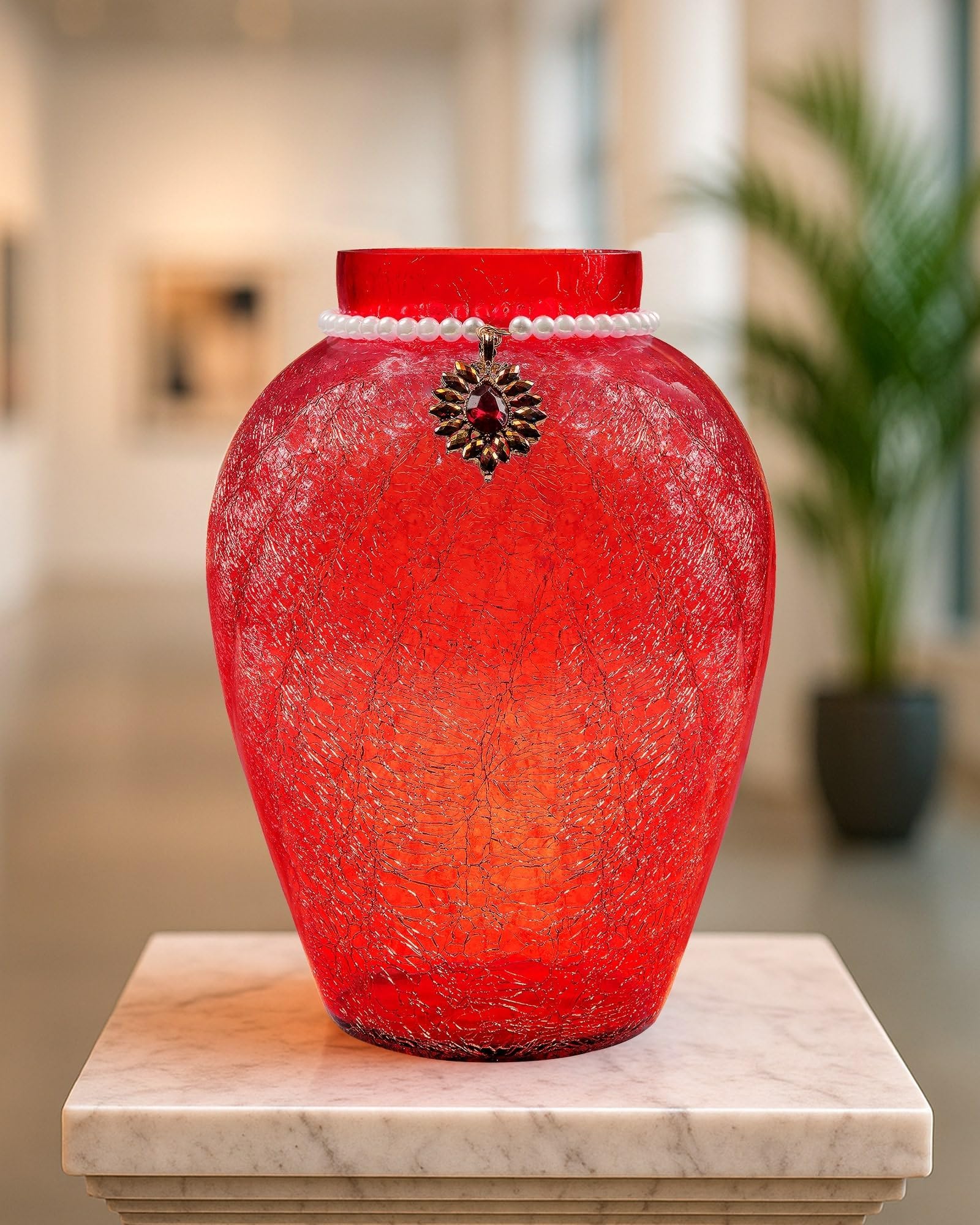 Glass Vase Decorative Crackle Desigh Pot with Brooch Necklace and Ruby Pendant,Home Decor Round Shape Center Table Bedroom Living Room and Office, Restaurant, Textured Red