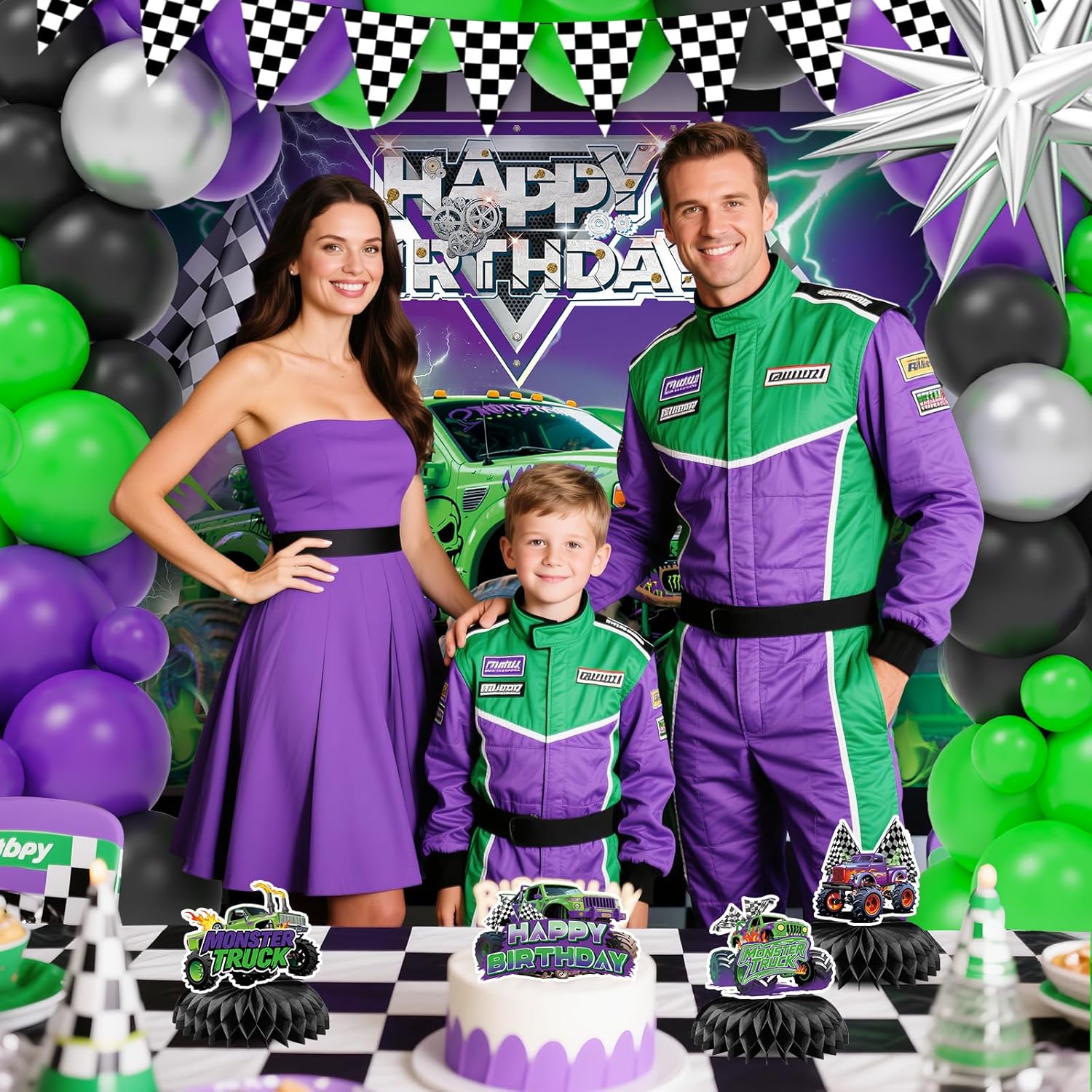 99 Pcs Monster Truck Birthday Party Decorations Set with Purple and Green Black Balloon Garland Arch Kit with Star & Wheels Checkered Balloons, Backdrop, Tablecloth, Grave Digger Party Supplies