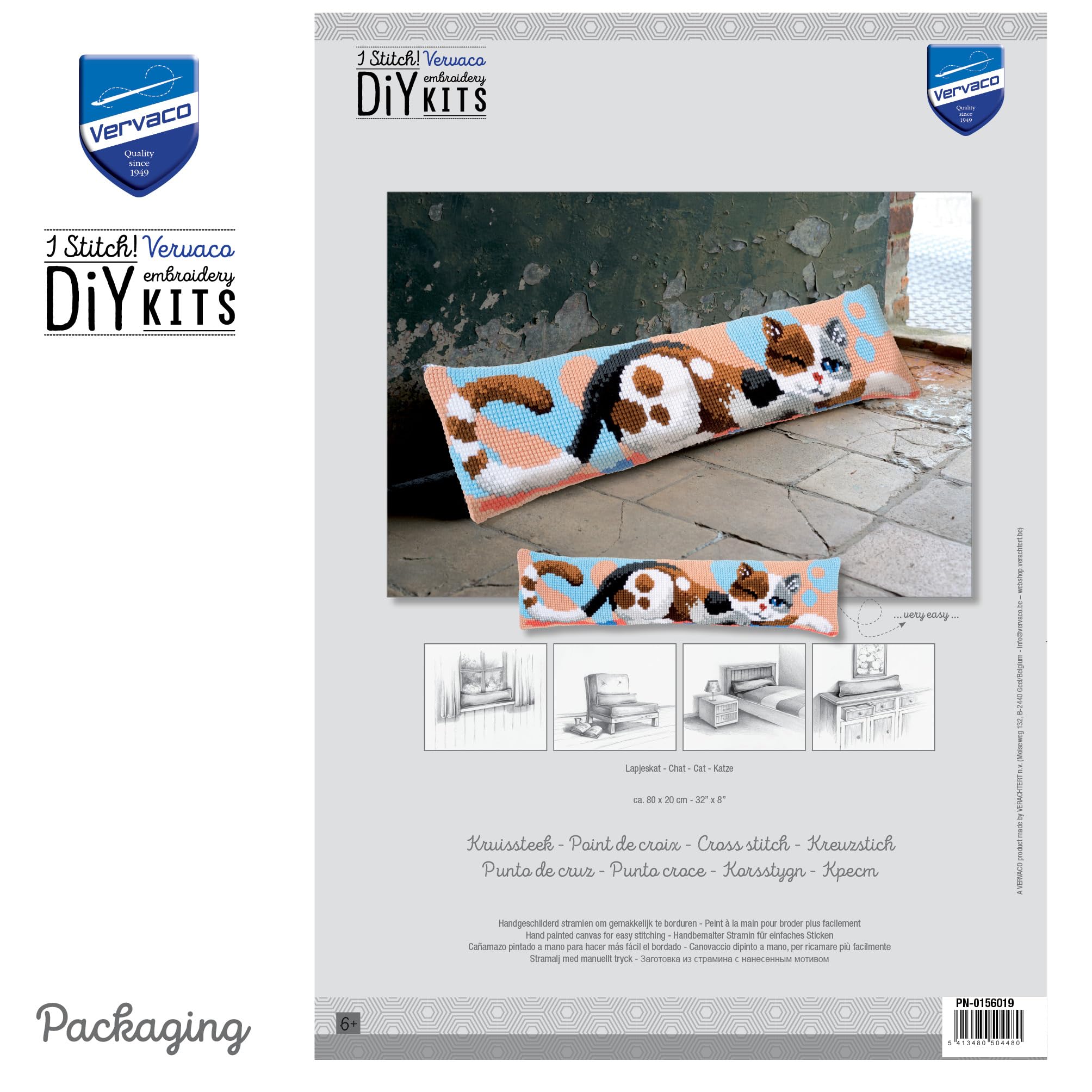 Vervaco Kreuzstich Stickpackungen Dekorative Zugluftstopper Vorgedruckt Kissen Katze DIY Set Kreativ Set Für Erwachsene ca. 80 x 20 cm Bastelset Handwerker Haus Dekoration