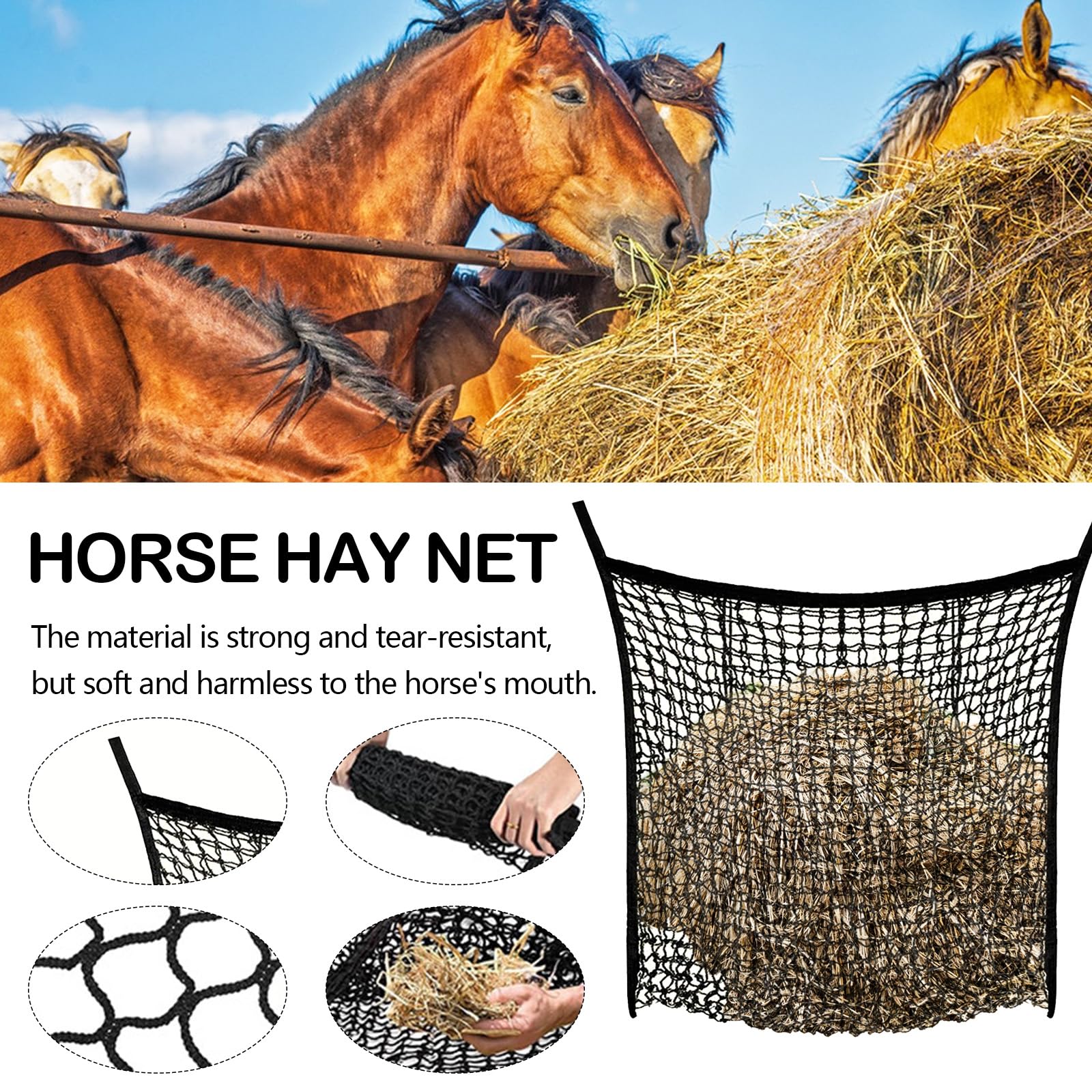 2 Piezas Redes Heno Para Caballos, 90X80 Cm, Red De Heno Grande Para Granja Con 4 Ganchos A PresióN Red De Heno De Malla Fina Negra Para Caballos Ganado Y Ovejas