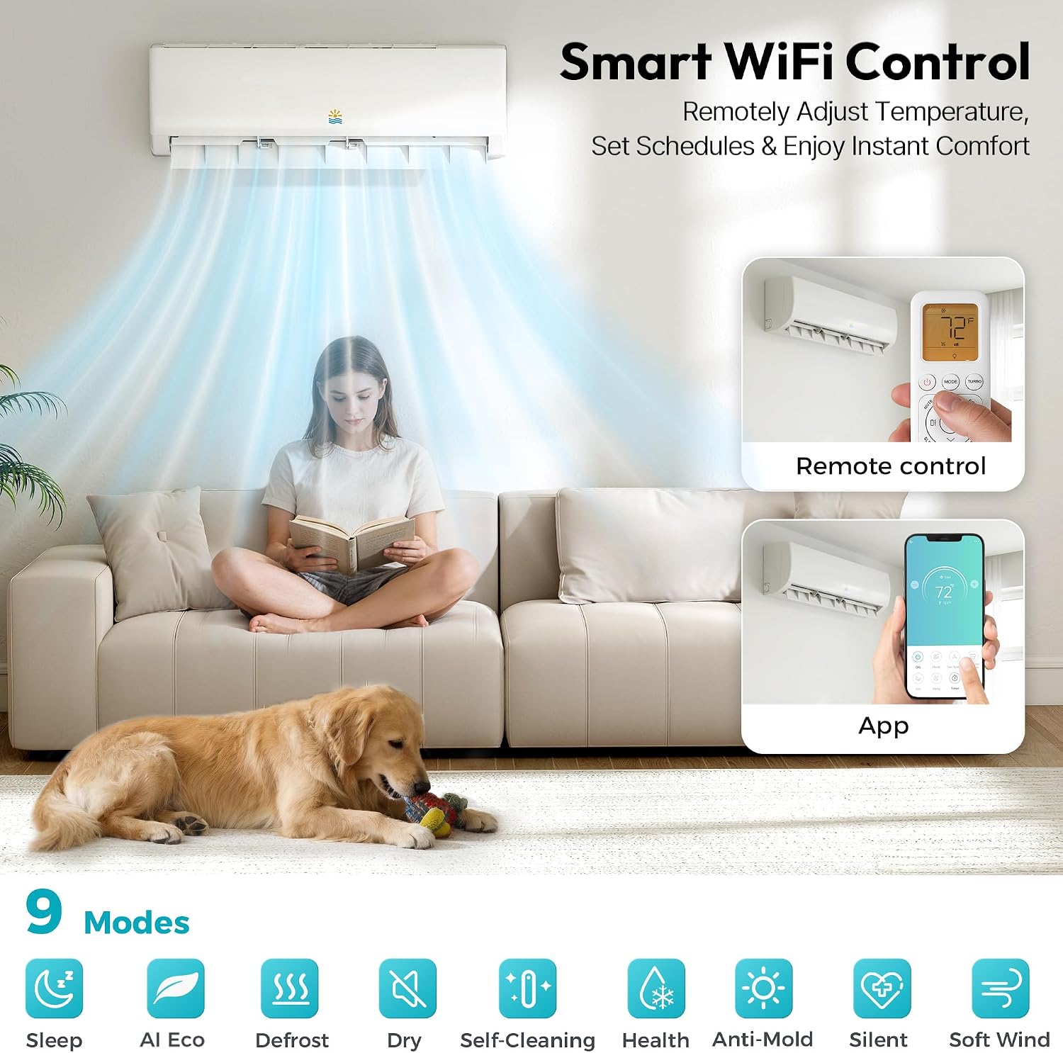 Rellytech 20000 BTU Dual Zone Mini Split AC/Heating System, SEER2 23 2 Zone (9000+12000 BTU) Ductless Mini Split Air Conditioner with Heat Pump, WiFi Control, Pre-Charged Condenser, 208/230V White