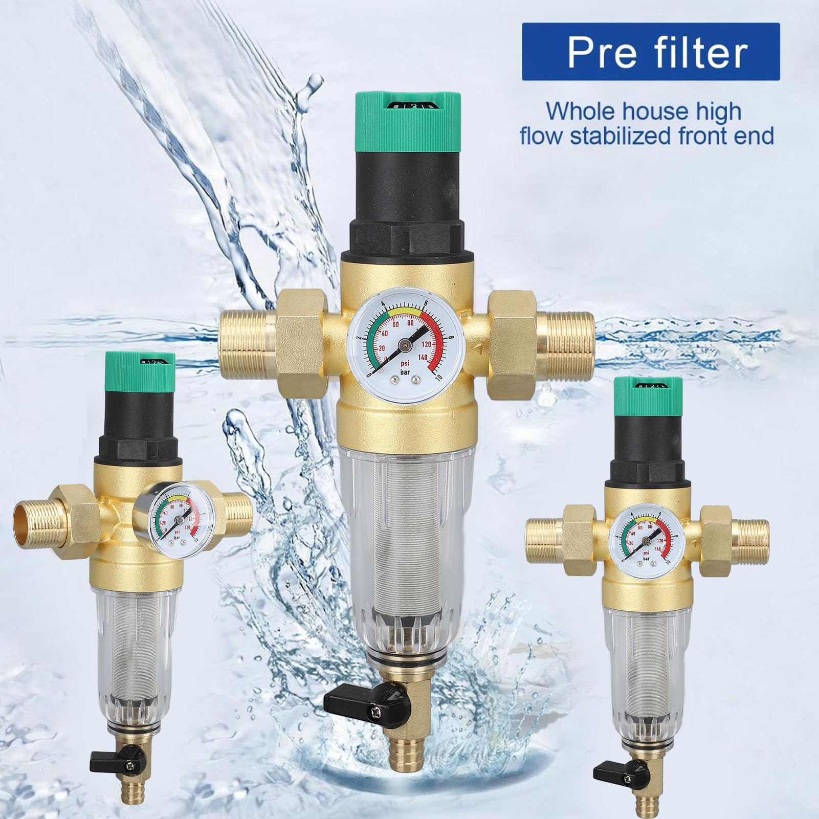 Mosiężny Zawór Regulacyjny Ciśnienia Wody Mosiężny Regulator Ciśnienia Wody Filtr 40 Mikronów z Manometrem Adapter 1-calowy i 1/2-calowy do Armatury Domowej