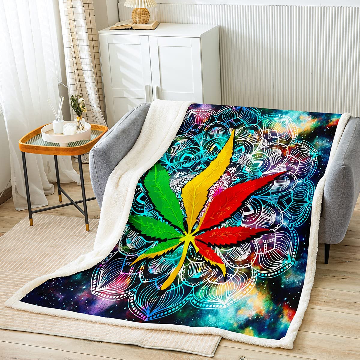 Richhome Multi 20 Cannabis Leaves Blanket Single,Rainbow Marijuana Weed Galaxy Pattern Bed Blanket,Boho Mandala Fleece Single Blanket Fashion Exotic Tribe Starry Sky Plush Single Blanket For Bedroom Single 50"X60"