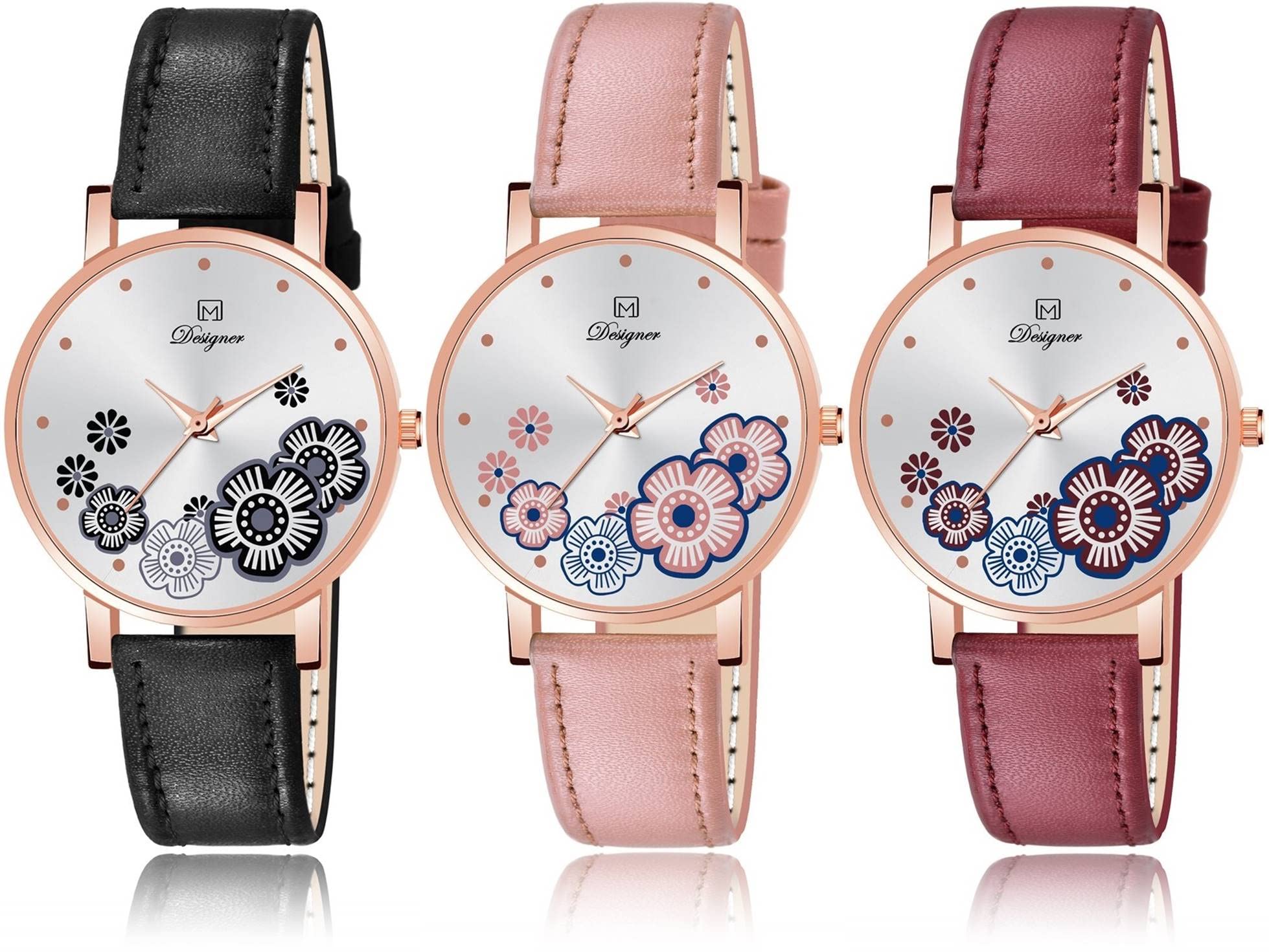 OM DESIGNER Flower Dial Rose Gold Case Leather Belt Analogue watch for Women & Girls Combo pack of 3 (Black-Pink-Maroon) (B0C3M2DBFJ) Amazon Price History, Amazon Price Tracker
