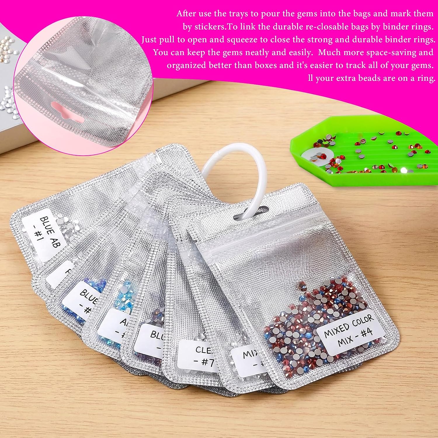 Elegaperma 100pcs Diamond Art Bags for Beads, 4.33 x 2.7 Inch Reusable Diamond Beads Storage Bags, Zipper for DIY Gem & Bead Craft Jewelry Earring Storage Accessories
