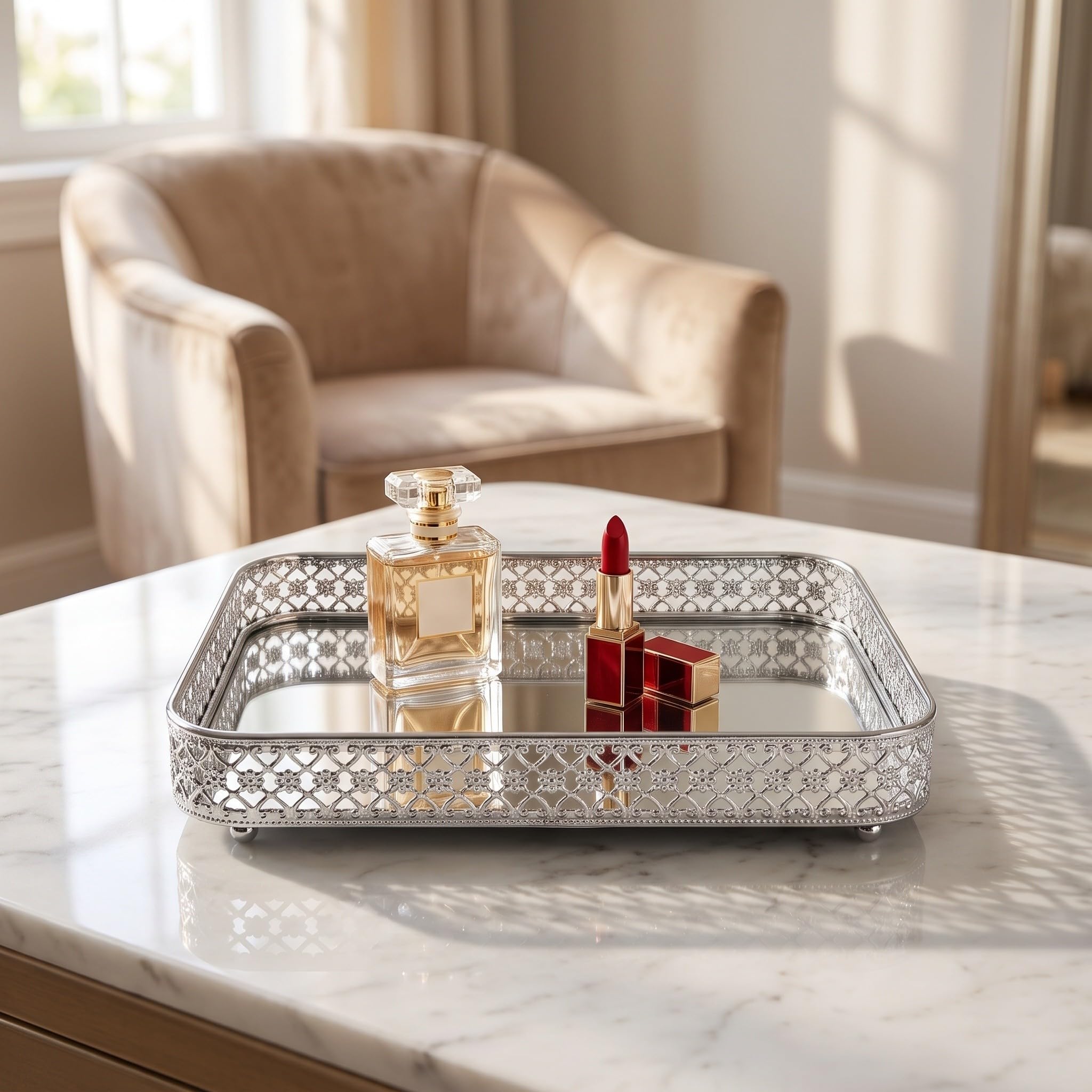 Bandeja Decorativa de Espejo Metálico Rectangular, Plata