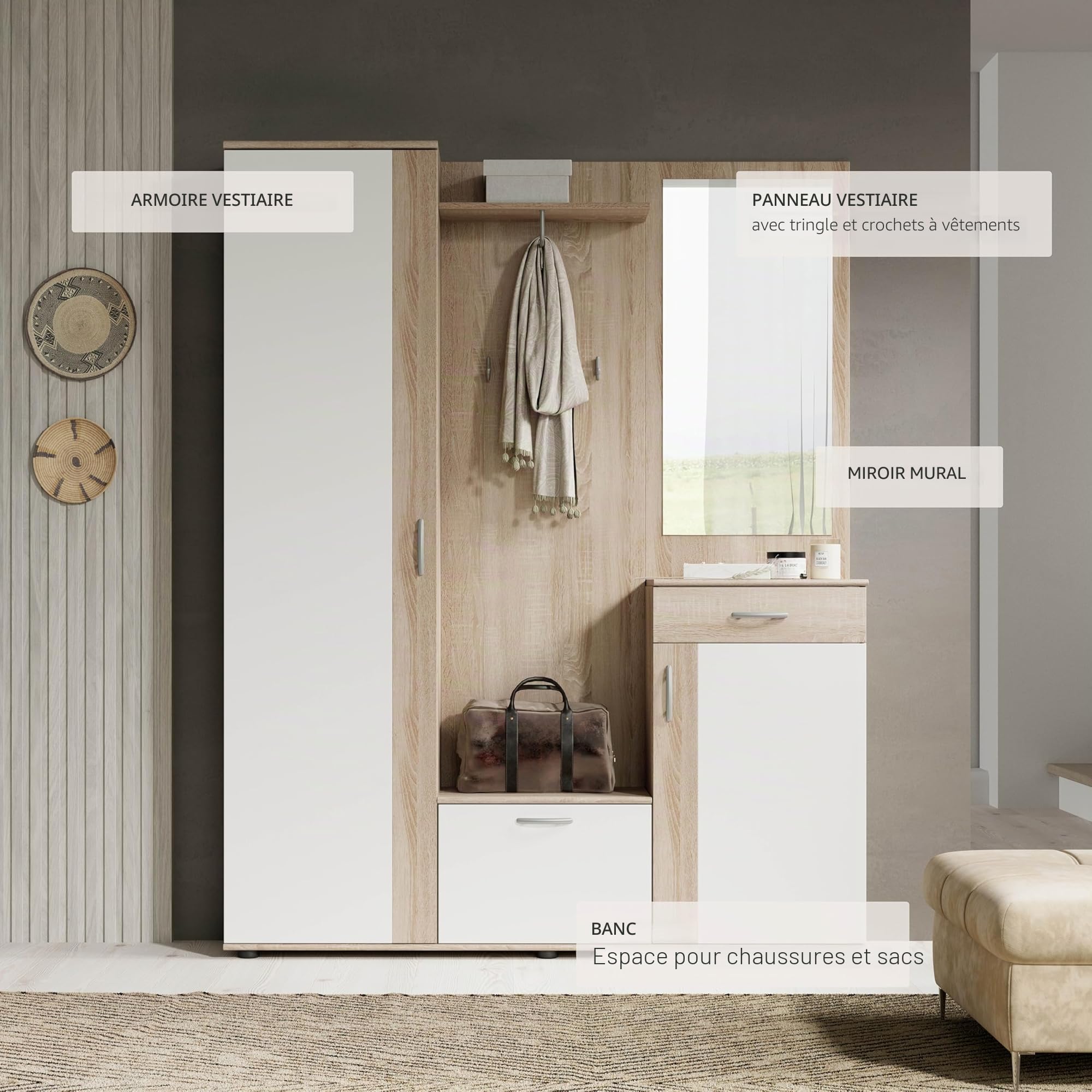 Stella Trading PATENT Ensemble de vestiaires d'entrée en aspect chêne Sonoma, blanc - Vestiaire compact stylé avec miroir pour votre entrée - 145 x 184 x 29 cm (L/H/P), marron