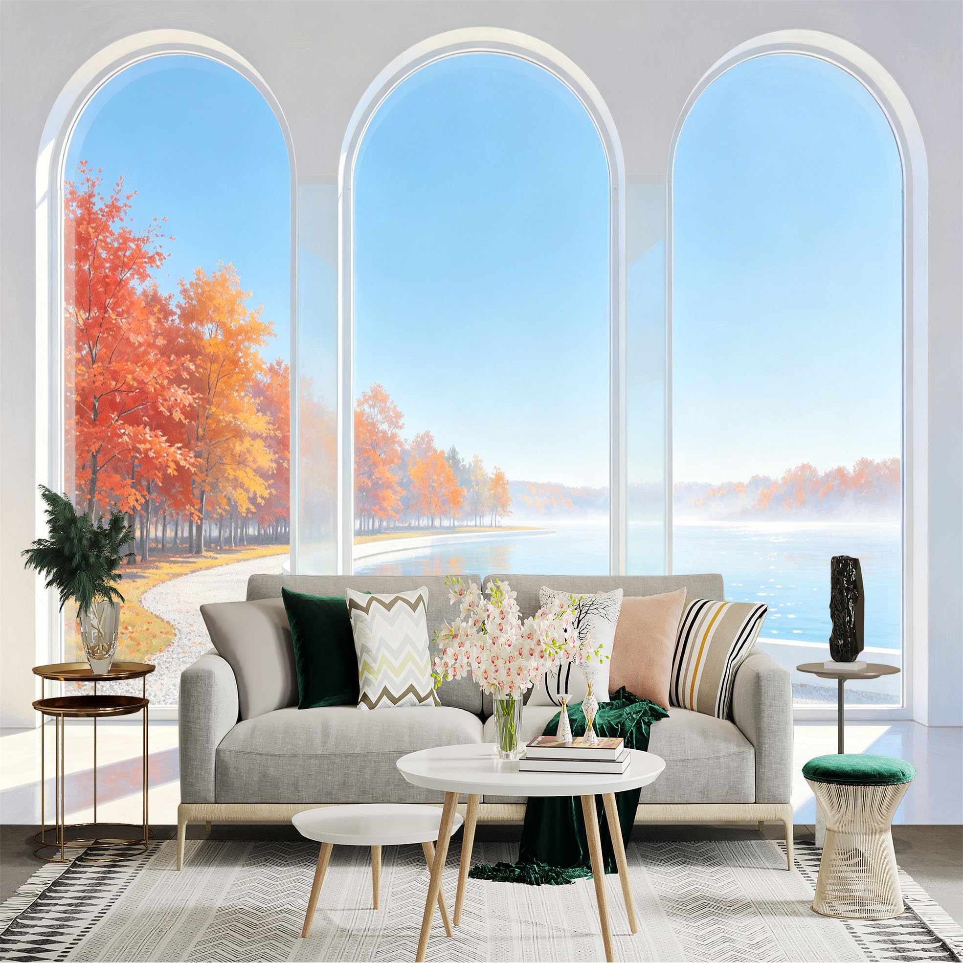 Custom Size Wall Sticker Mural， Arch Window View， Autumn Forest with Blue Lake， Peaceful Morning Scenery， for wall Decoration， peelandstick wall Decals.