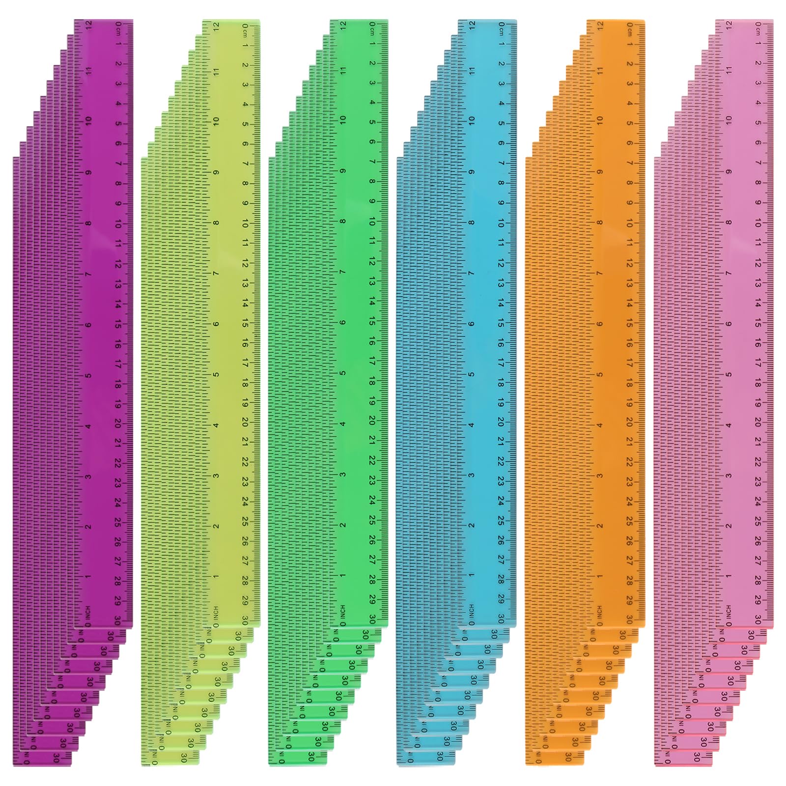 YUENPUN 60 PCS 12 Inch/30cm Colourful Plastic Ruler Bulk Pack, Transparent Plastic Ruler with Inch and Metric