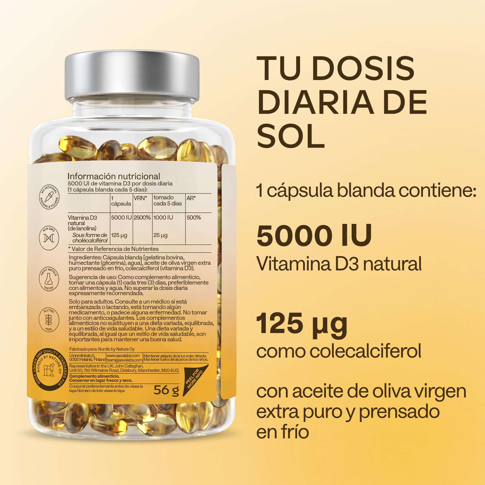 Vitamina D3 Natural [5000 UI] Depot - Altamente Concentrada - con Aceite de Oliva Extra Virgen para una Absorción Óptima - Favorece la Función Ósea e Inmunológica - Complemento Alimenticio - 365 Cáps