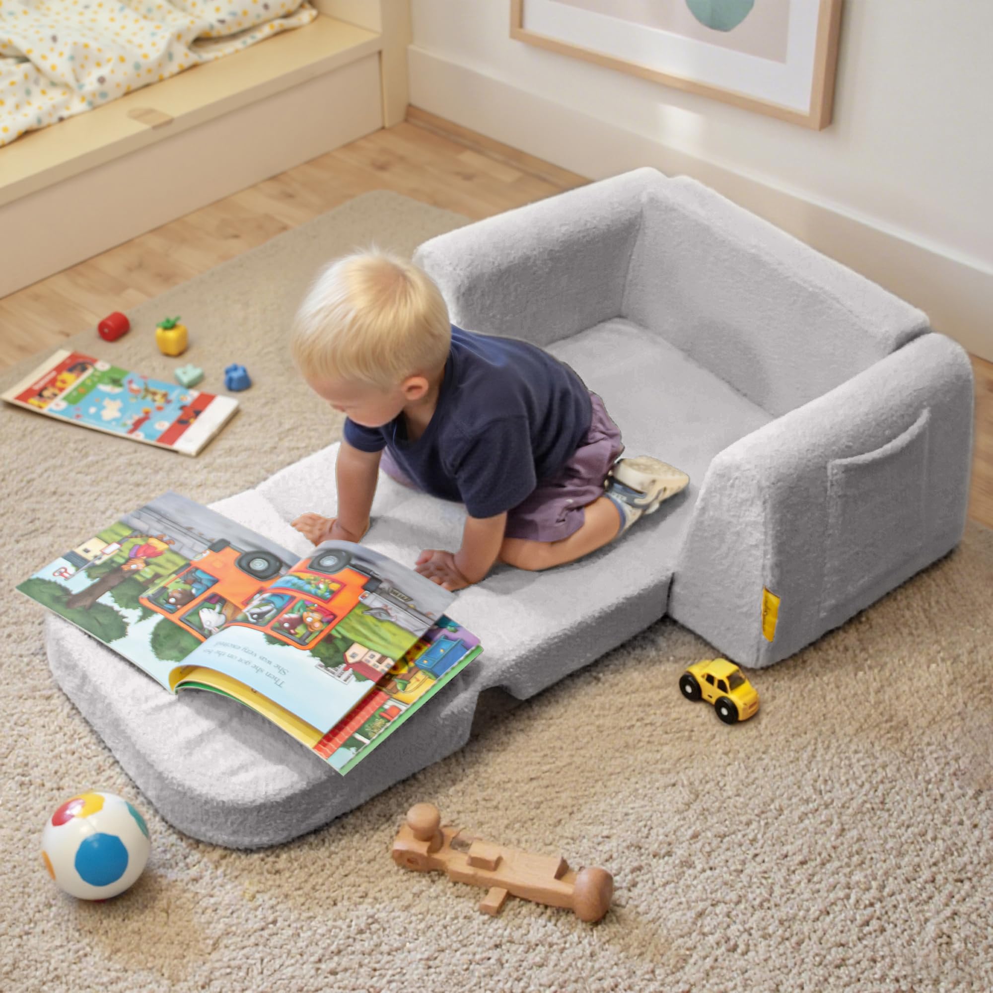 BanaSuper Poltrona Letto Bambini 2-in-1, Divano per Bambini con Tasca in Stoffa, Divano Convertibile e Lettino Pieghevole, Tessuto Sherpa Morbido, Copertura Lavabile, Grigio