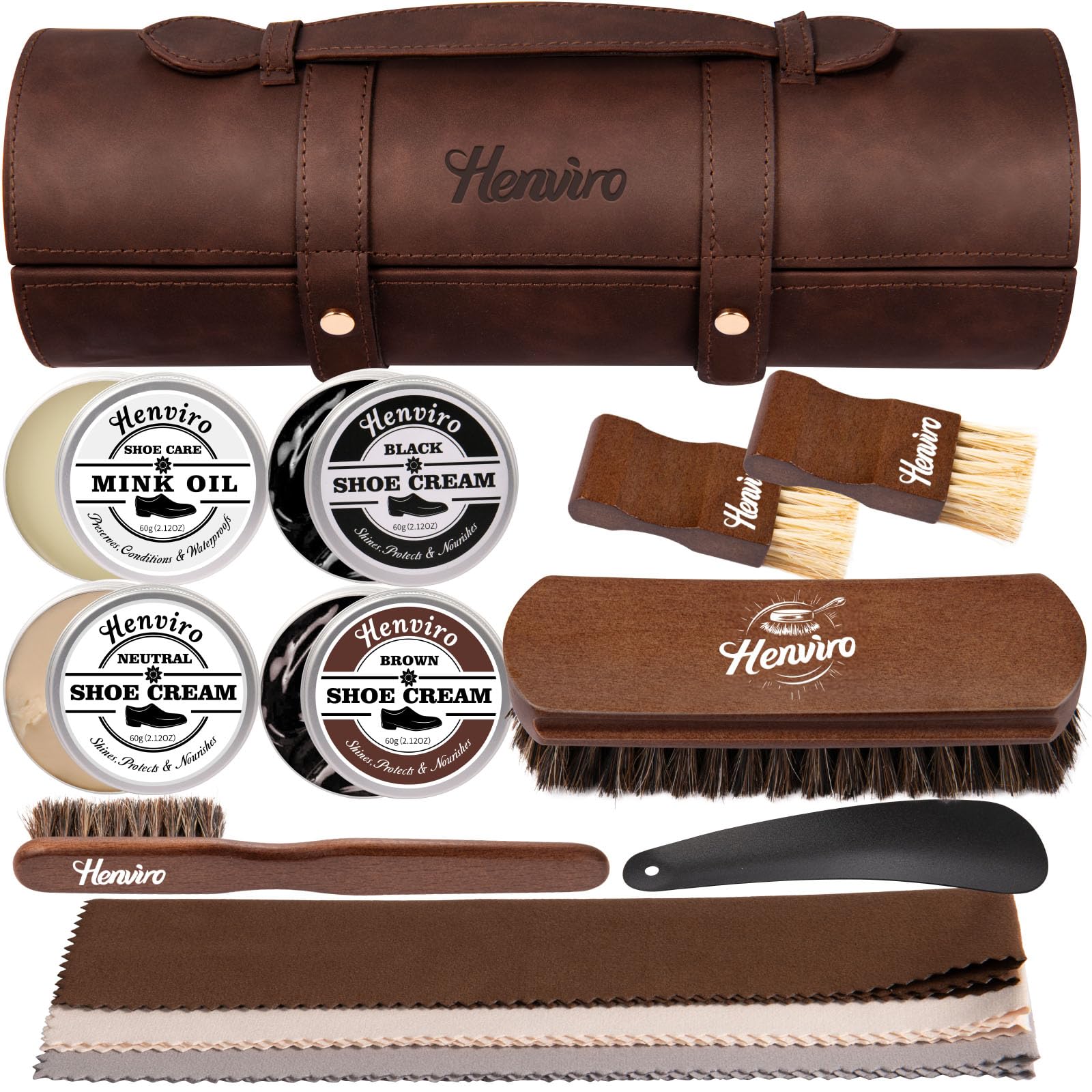 Henviro Leather Shoe Shine Kit For Men - 13 PCS Shoe Polish Kit, Leather Boots Care, Shoe Care Kit Gift for Men Him Husband