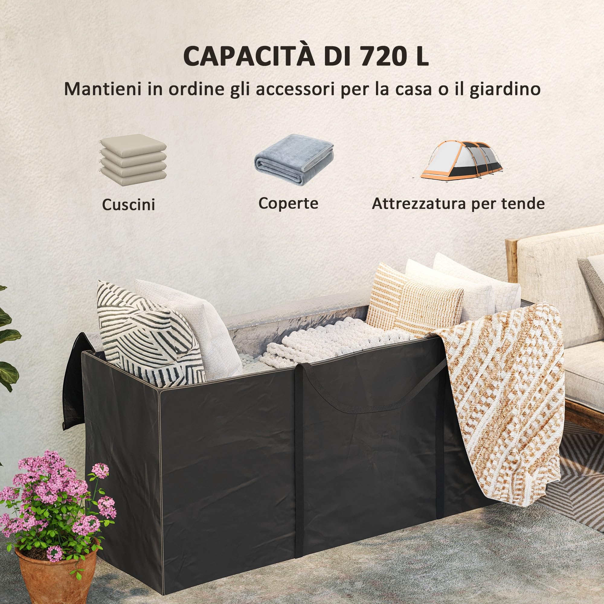 Outsunny Borsa per Cuscini da Giardino, Borsa per Albero di Natale da 720L Impermeabile, Custodia Portaoggetti da Giardino Pieghevole in Tessuto Oxford 600D con Doppia Cerniera e Maniglie, Nero