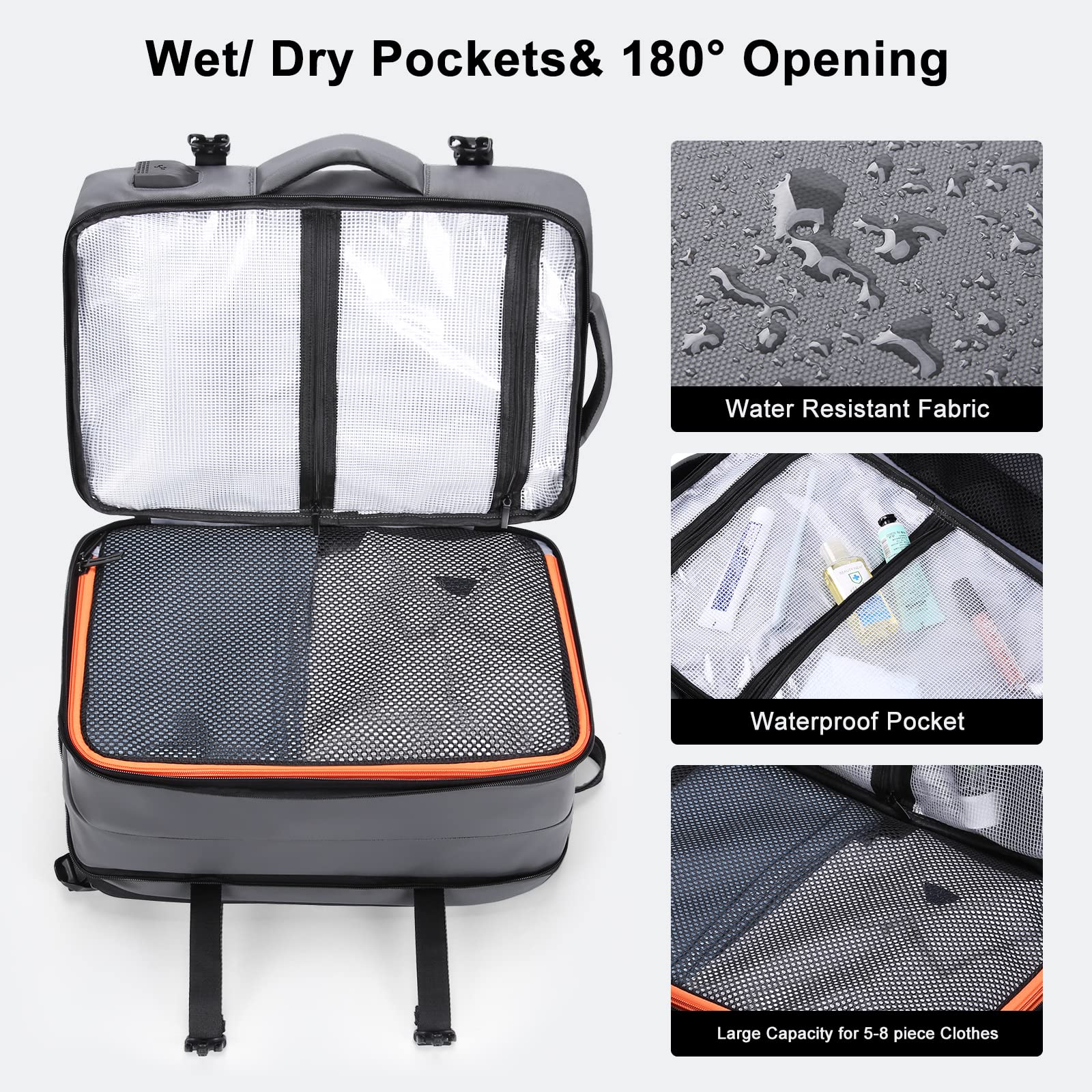 HOMIEE Sac à Dos Cabine 40L, Sac de Voyage Imperméable Expansible pour 15,6" Ordinateur Portable, Sac a Dos Cabine Avion Antivol avec Port de Charge USB, Sac à Dos Bagages de Voyage (Gris-foncé)