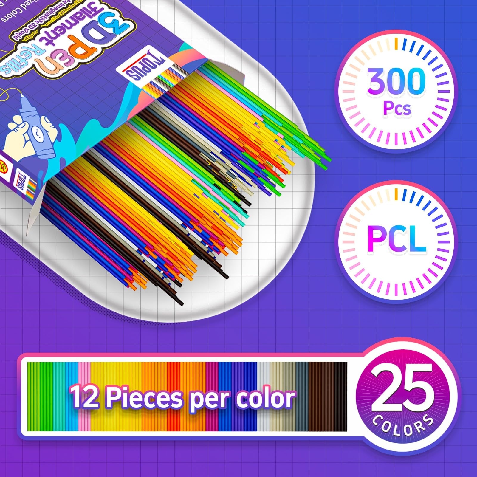 Topus 300Pcs 3D Pen Filament Refills Compatible with 3Doodler Start+ Pen, 25 Colors 3D Filament Bundle, 3D Pen Refill Sticks with 15cm x 12Pcs Per Color, Low Print Temperature PCL Filament 2.5mm Thick
