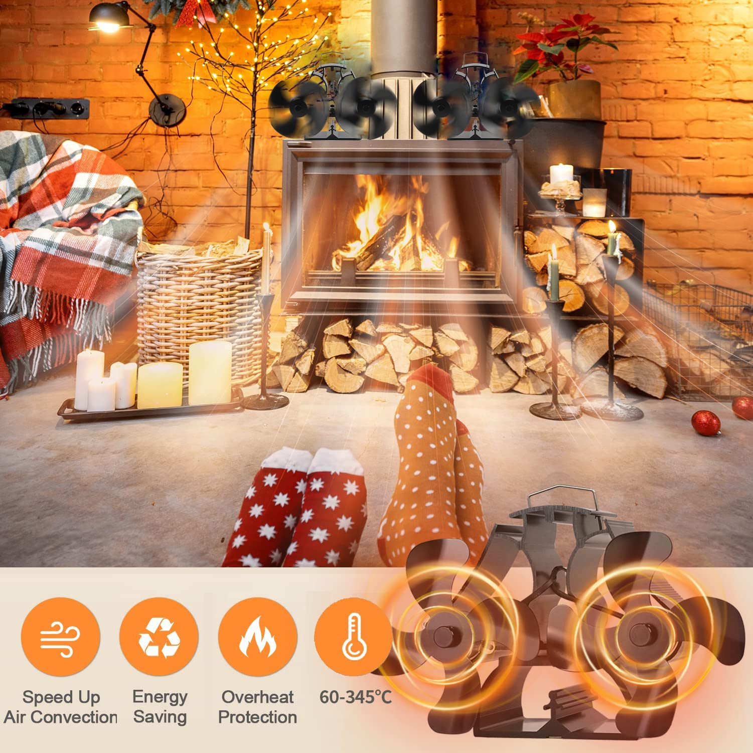 Tomersun Ventilador de estufa de leña, ventilador de chimenea de 8 aspas alimentado por calor, ventilador superior térmico para quemador de leña