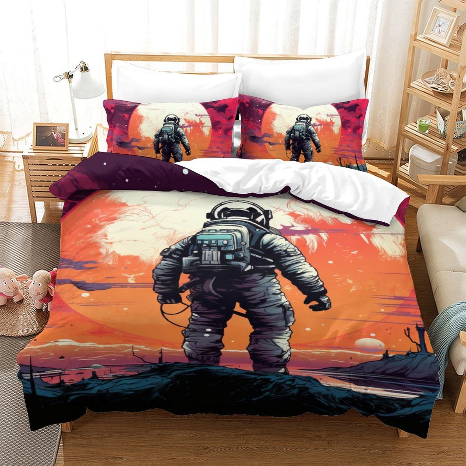 Housse de couette astronaute 140x200cm anti-plis avec fermeture éclair pour chambre d'ado