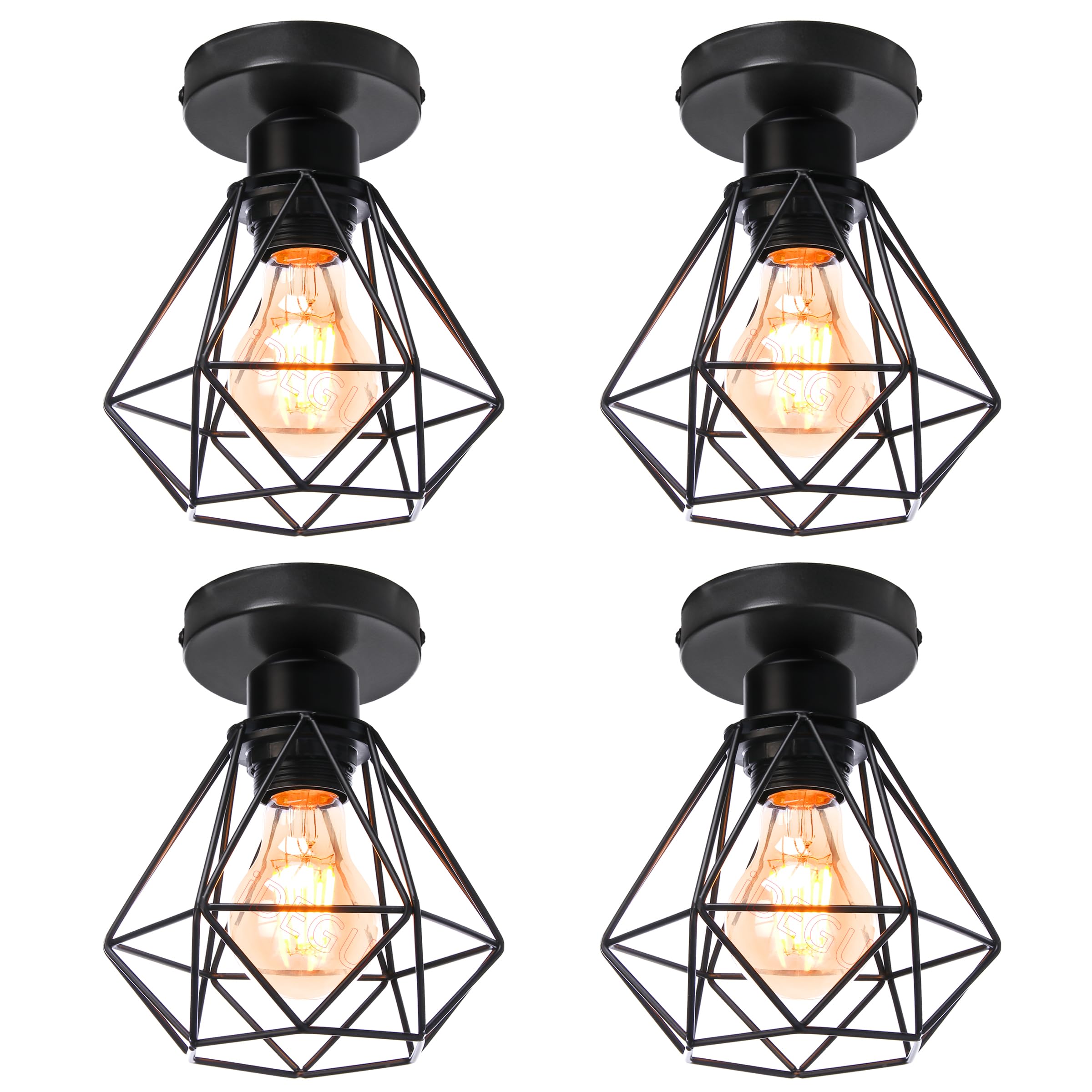 iDEGU 4 Piezas Lámparas de Techo Vintage Ø16cm E27 Iluminación de Techo Plafon Retro Lámparas Colgante Industrial Estilo Jaula Diamante en Metal Luz de Techo Para Pasillo Dormitorio (Jaula B, Negro)
