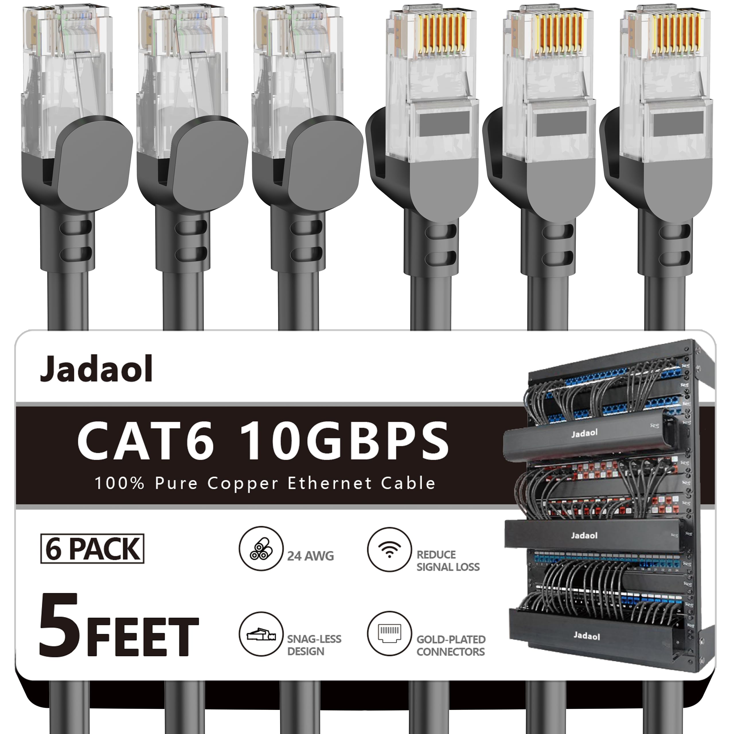 Jadaol Cat6 Ethernet Patch Cables 5ft 5-Pack, 10Gbps 24AWG Pure Copper RJ45 Cat6a Patch Cable, Support Cat8/7 Network, Outdoor&Indoor Rated for Patch Panel to Switch, Server, Router, Modem, PC - BlackCarbonfree CertifiedClimeCo Certified