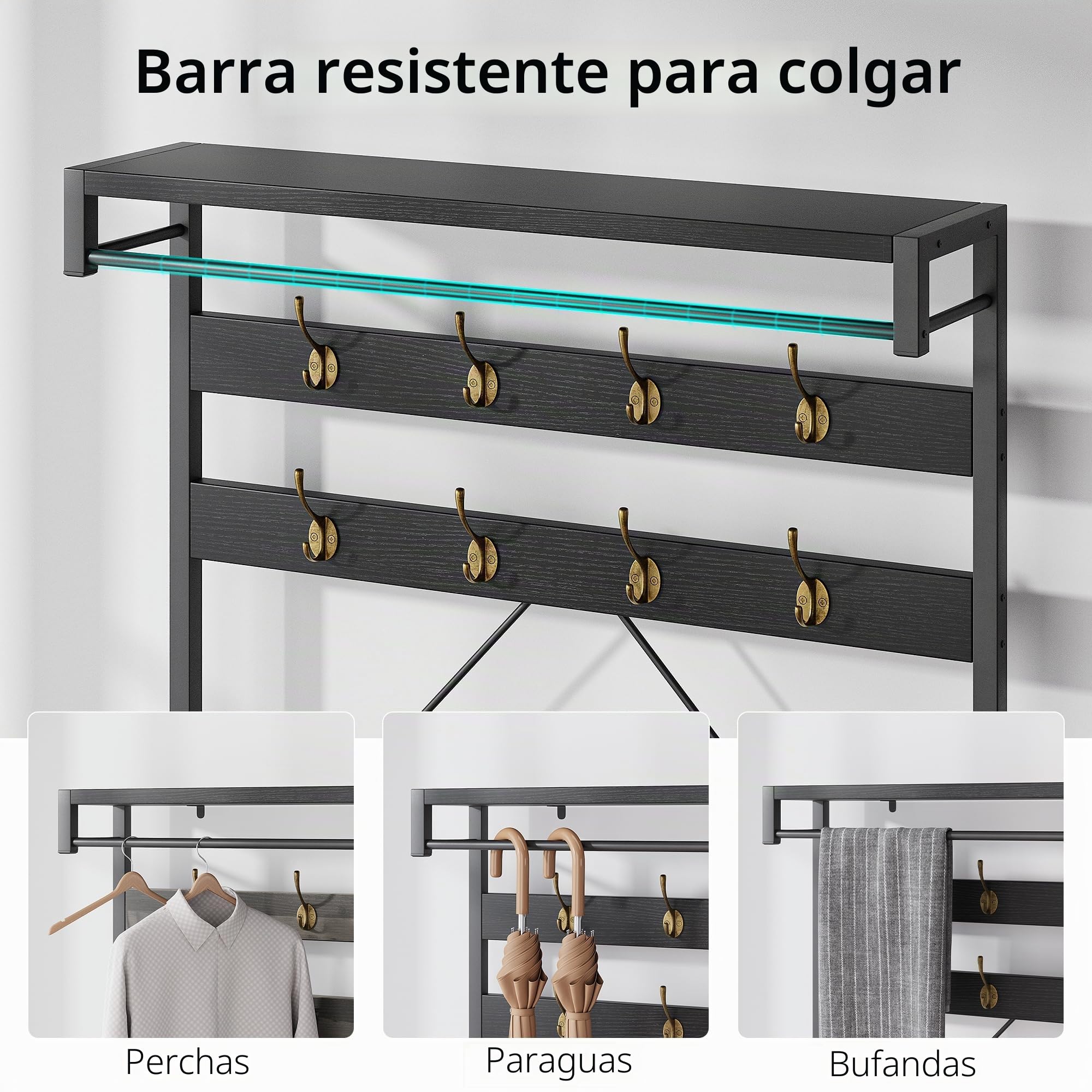 Garvee Perchero Grande de Entrada y Recibidor, Perchero con Banco y Almacenamiento para Zapatos,Industrial con Barra para Colgar y 8 Ganchos, para Recibidor o Pasillo, 102×40×183 cm (Negro)