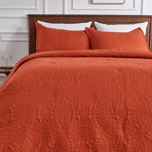 Miniatura 3 de YOZEN Juego de edredón de tamaño matrimonial, color naranja quemado, juego de ropa de cama bohemio de medallón de terracota sólido de 3 piezas,