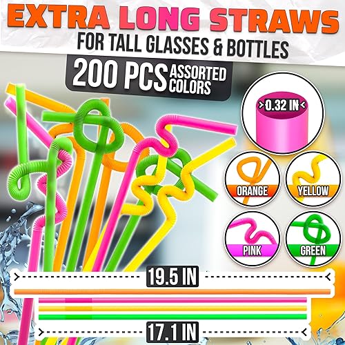 Miniatura 2 de Paquete de 200 pajitas extralargas desechables  Pajitas de cóctel de 17 pulgadas para beber, de plástico neón, colores surtidos, pajitas de plástico