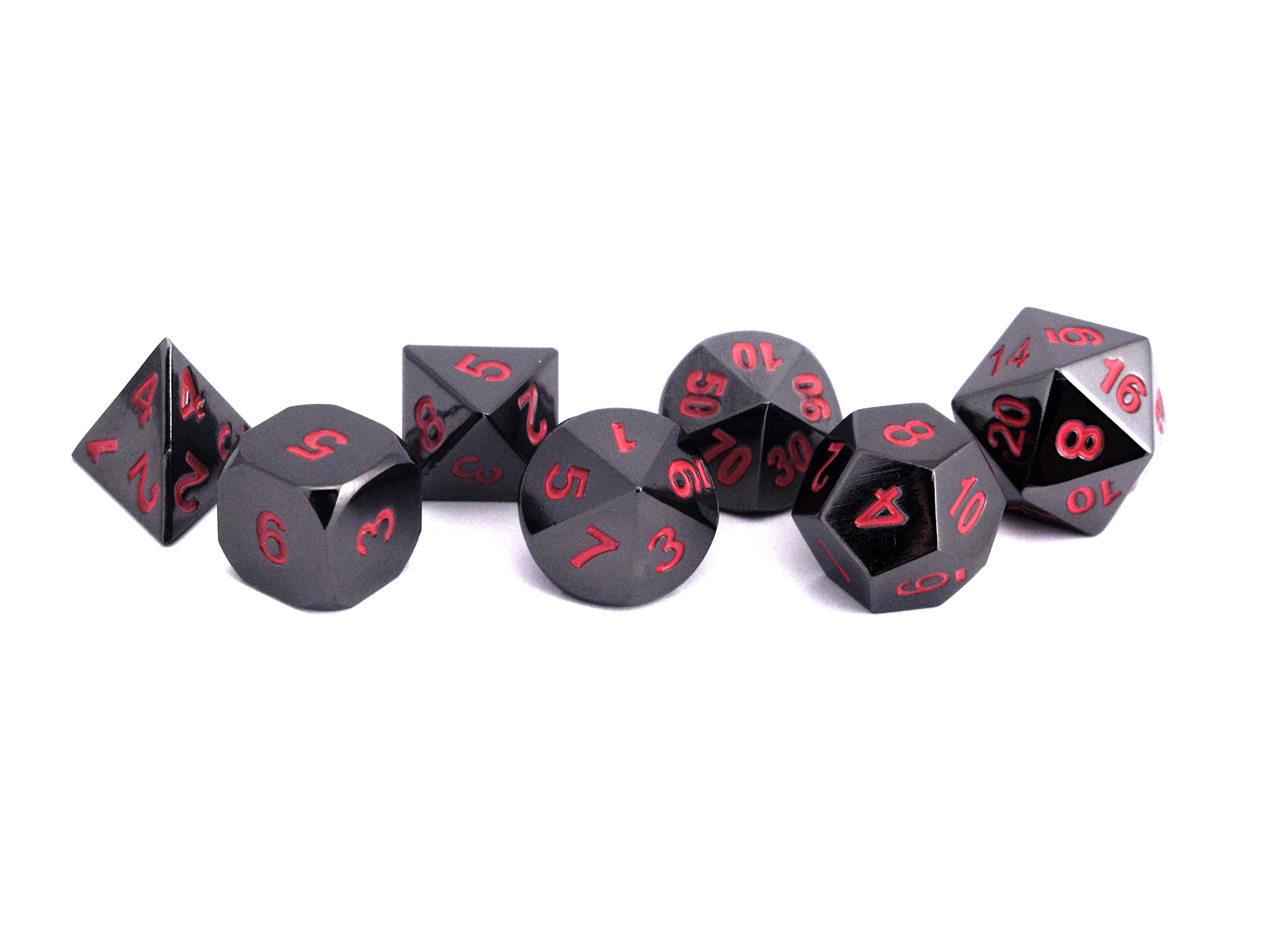 Solid Metal Polished Black 7pc Polyhedral Dice Set with Red Ink- RPG D20 D&D Pathfinder by Hedral