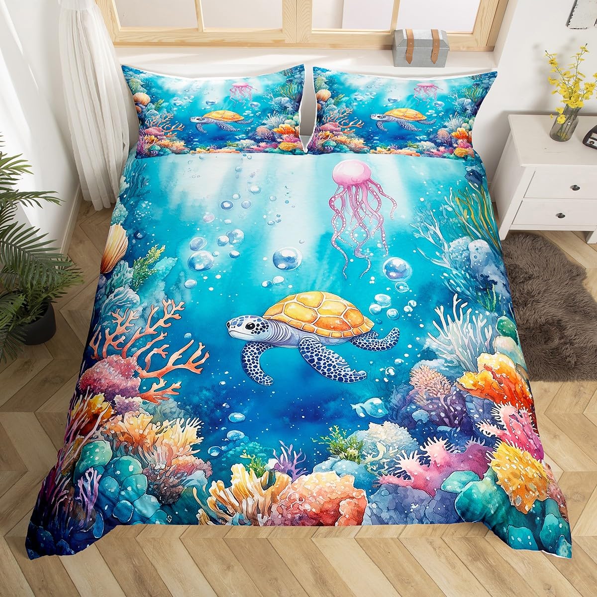 Ocean Comforter Cover Super King Octopus Watercolor Sea Turtle Bedding Set For Kids Boys Girls Cute Deep Sea Animal Duvet Cover Underwater World Coral Reef Bed Set Marine Theme Room Decor