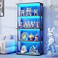 BROTTAR Rounded 4-Tier Glass Curio Display Cabinet with LED Lights, Motion Sensor, Pop-Up Doors for Collectibles, Black