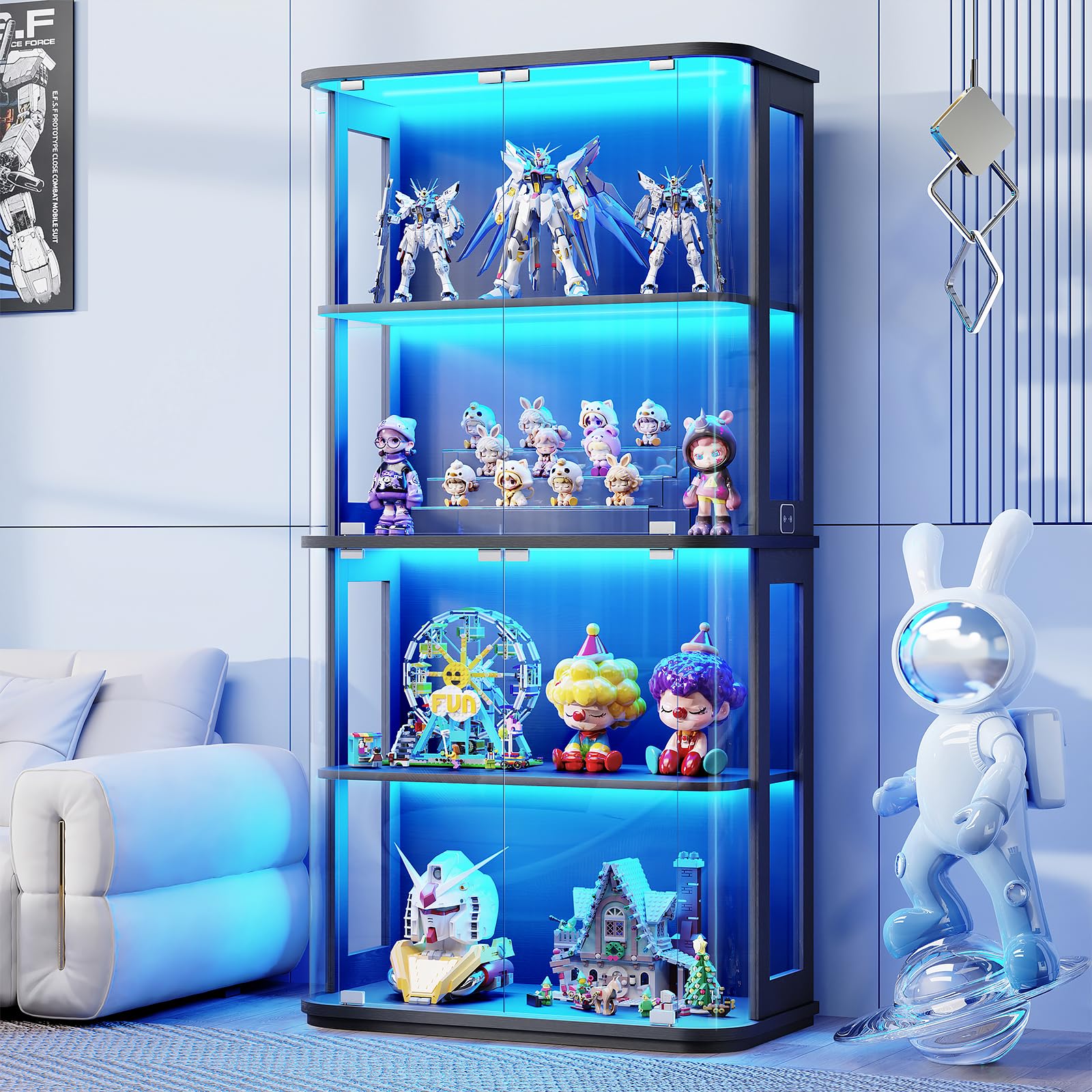 BROTTAR Rounded Display Cabinet with Glass Door, 4-Tier Curio Cabinet with Transparent Full-Display Surface for Collectibles, Glass Display Case with