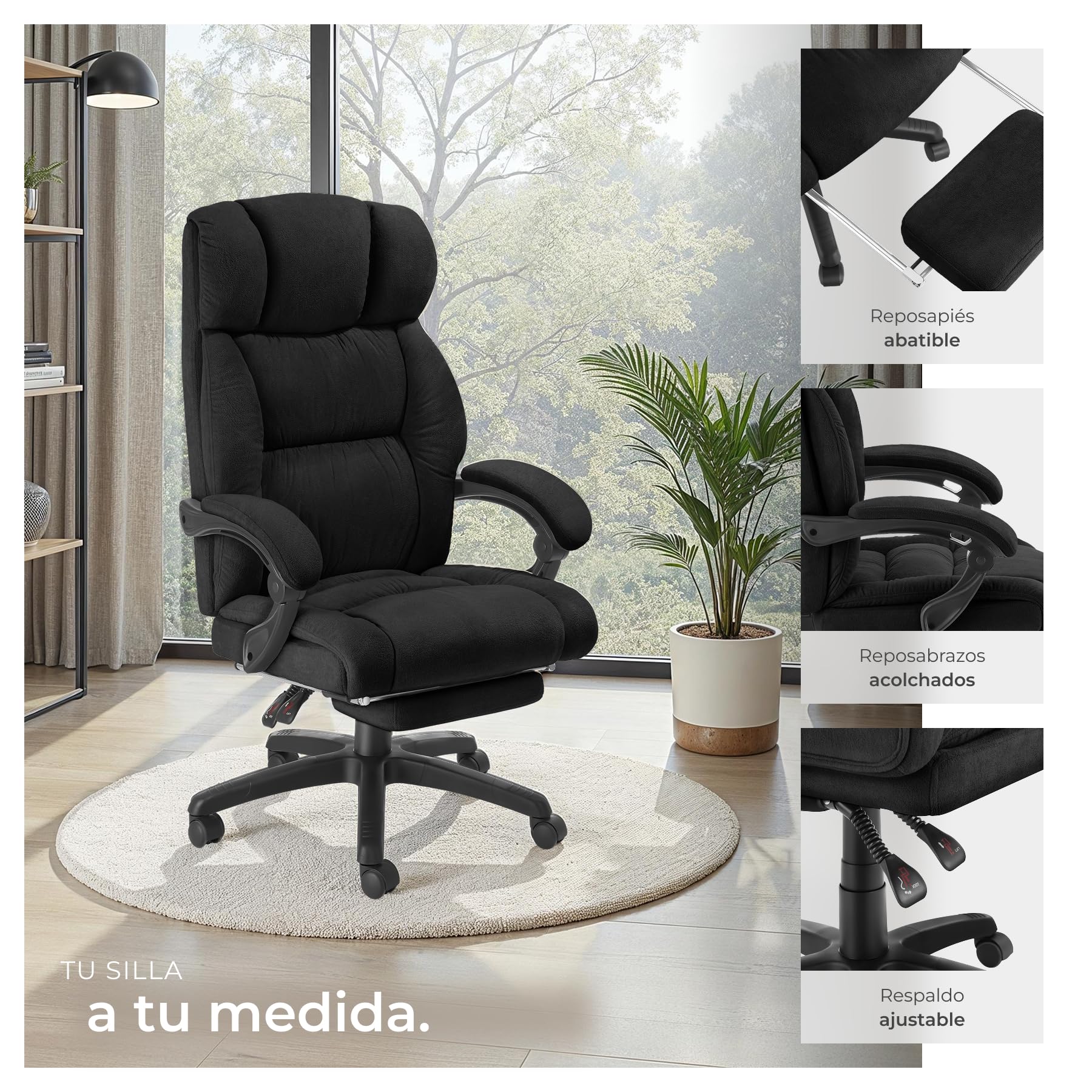 tectake® Silla Oficina Ergonomica con Reposapiés Desplegable, Mobiliario de Oficina, Reposabrazos Ajustables, Sillas Oficina, Sillón, Silla Escritorio, Sillas Escritorio - Negro