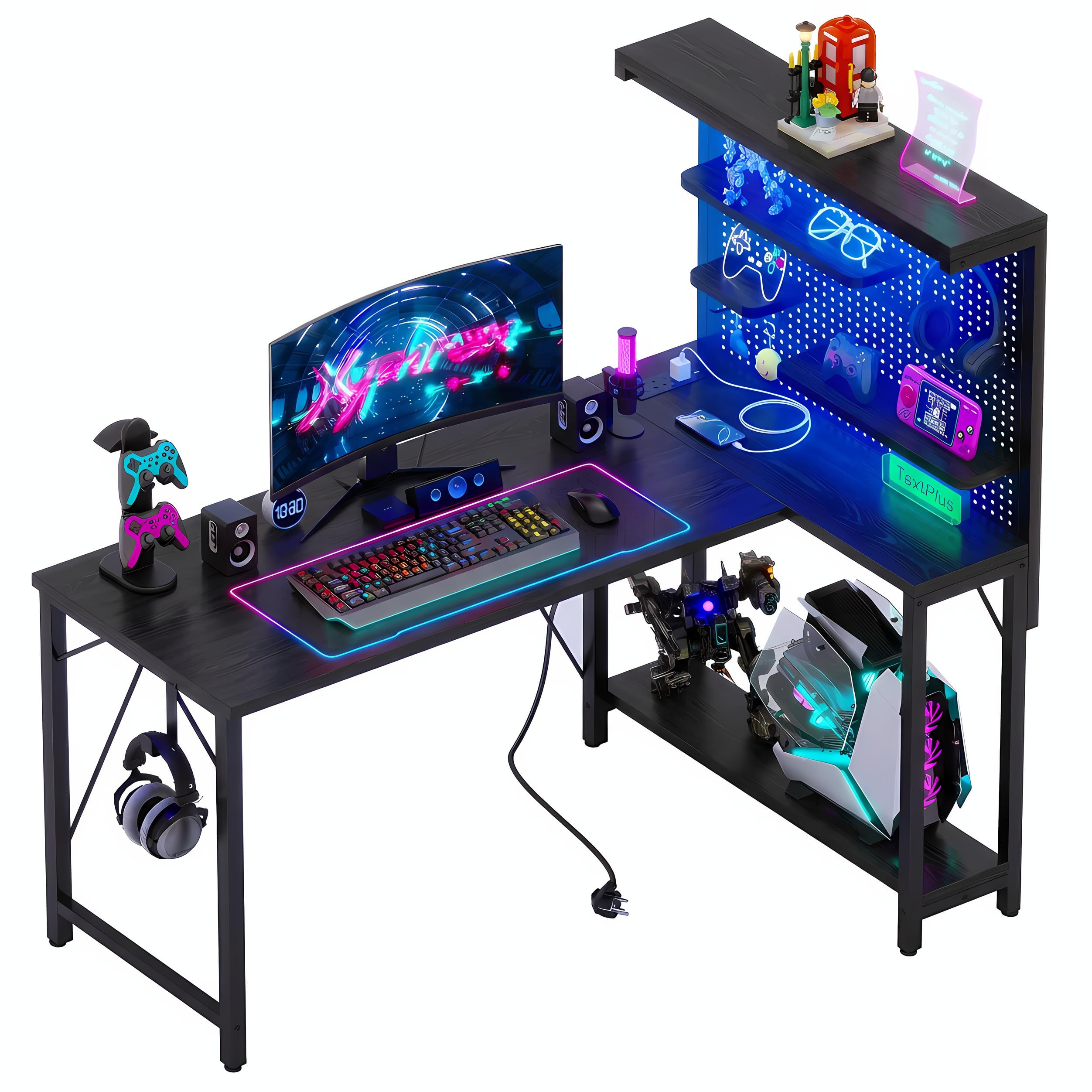 Xyphren Spieltisch mit Lochwand, Steckdose, Kleiner Computertisch mit umkehrbaren Regalen für Eckschreibtisch im Homeoffice