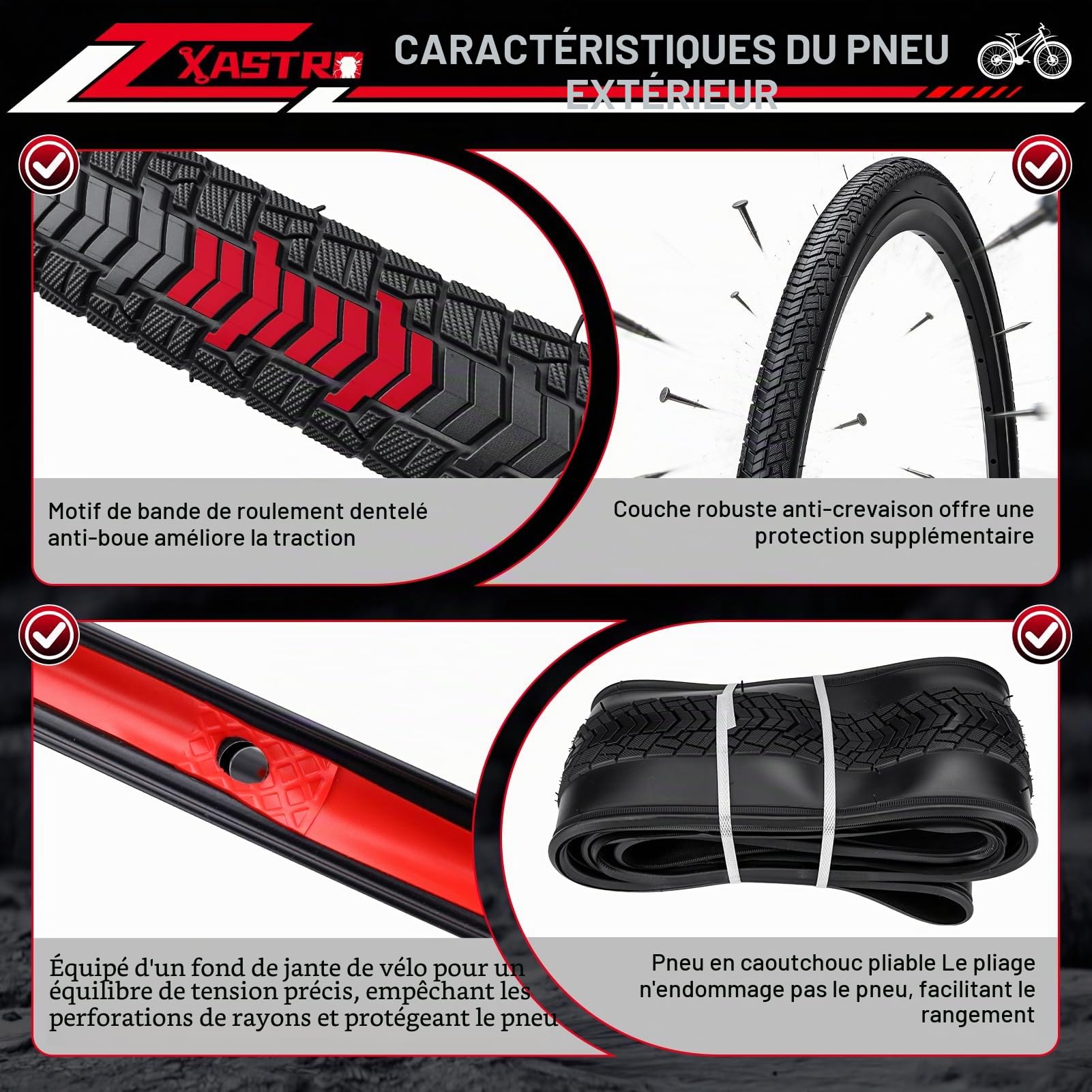 Xastro Lot de 2 pneus de vélo 700 x 38c Pliable Pneus 28x1.5 Pouces avec 40-622 Vélo pneus and Chambre à air pour Tournée & Électrique & Route & Hybrid & VTT Velos 2-PCS 700C Vélo pneus 700x38C