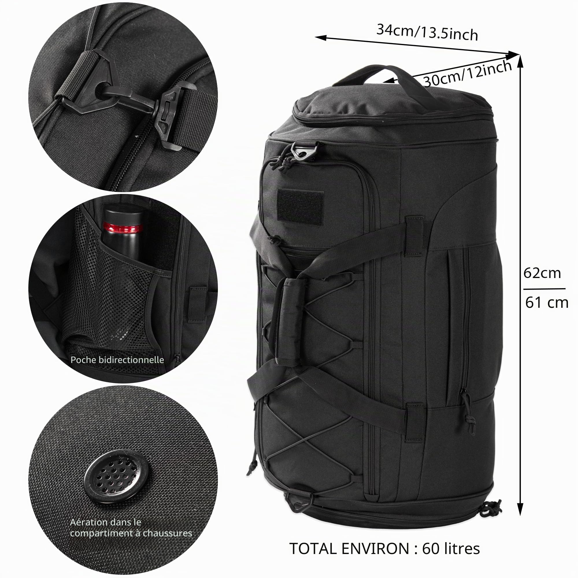 Sac de sport militaire de 60L, sac de sport et sac de voyage de haute qualité avec plusieurs compartiments (y compris compartiment à chaussures et compartiment séparation sec/humide), bandoulière