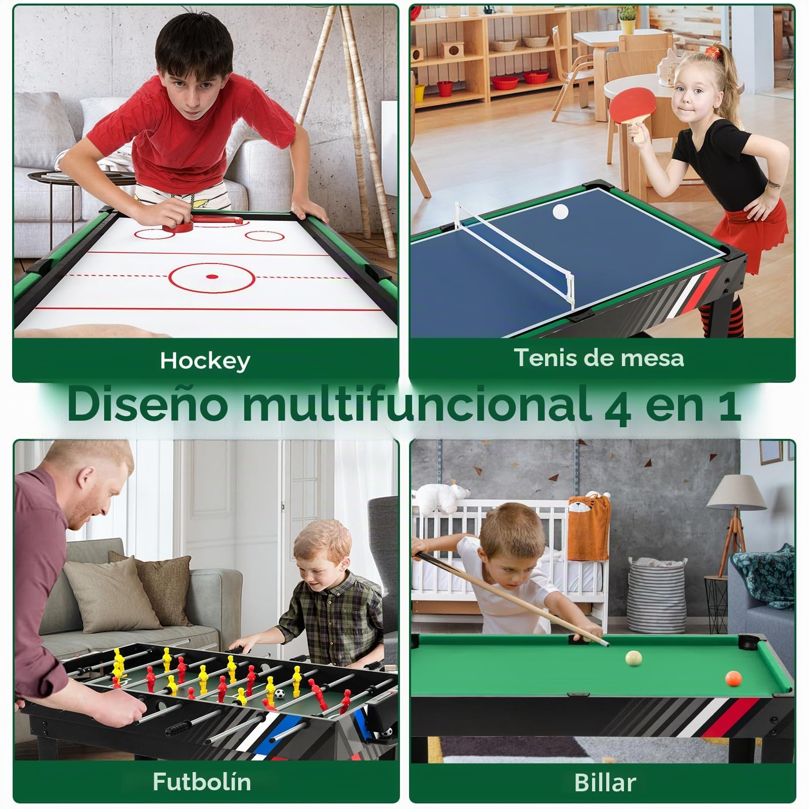 HOMASIS 4 en 1 Mesa Multijuego con Futbolín, Billar, Air Hockey y Ping Pong, Mesa de Juegos de Madera para Niños y Adultos, 125 x 97 x 83 cm, para Fiesta, Bar, Oficina