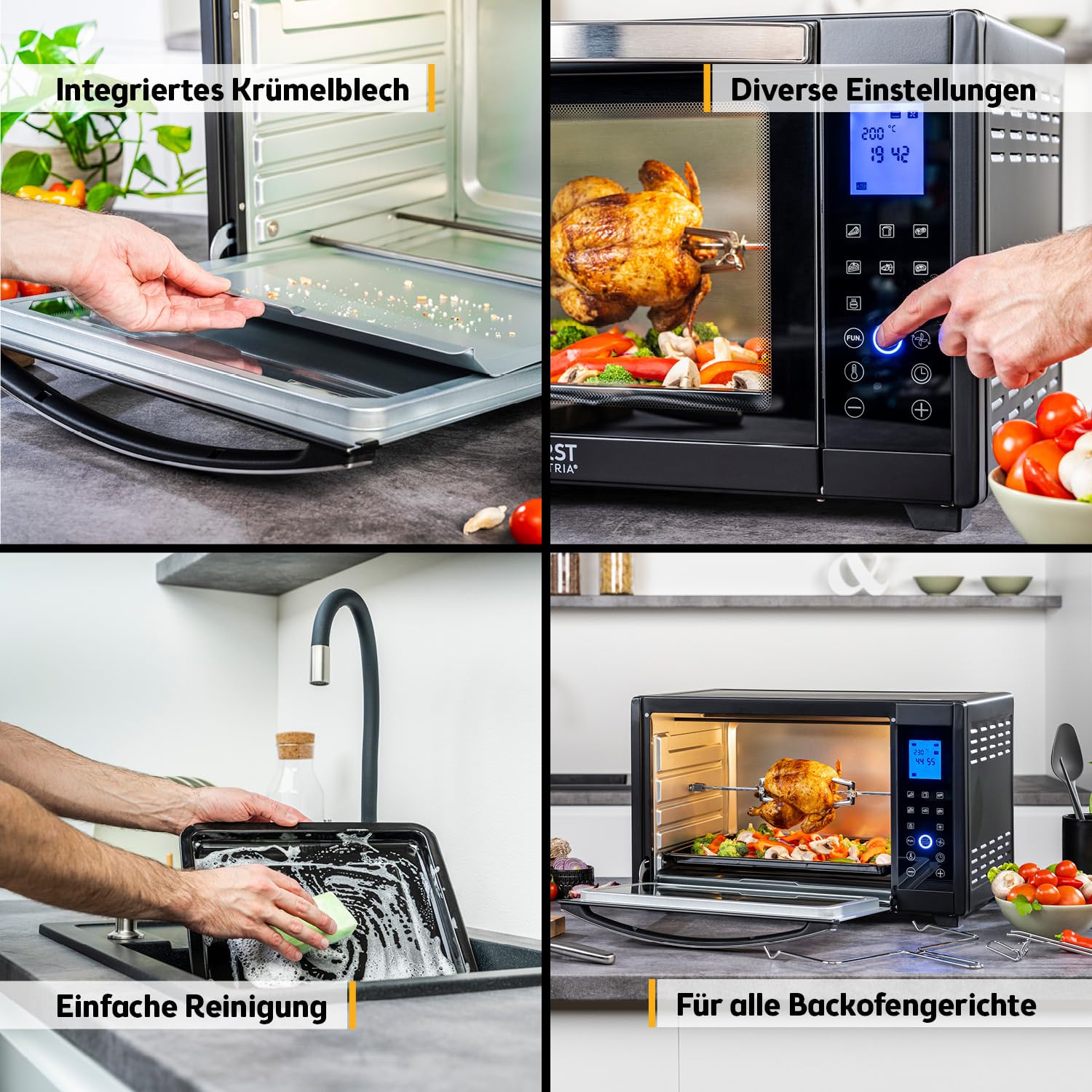 TZS First Austria - Minibackofen Digital 30L 1600W - Mini Backofen stufenlose Temperaturregelung bis 230°C - Miniofen 60 Min-Timer, 3 Einschubhöhen, Backblech & Grillrost - Für kleine Küchen & Camping