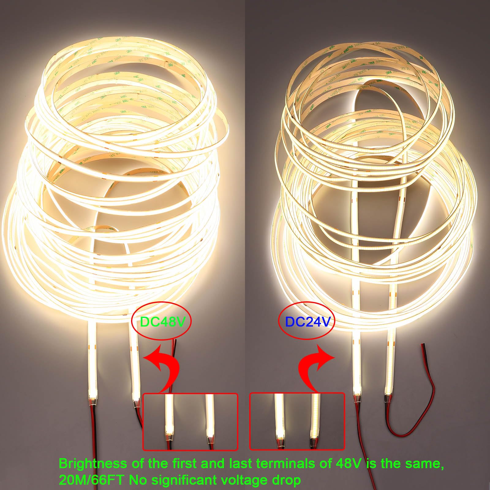 TOPAI Tira LED COB 20M Blanco Natural 4000K, Alto Brillo 15000Lumen, Tira Luz LED 48V Flexible, 480LED/M CRI>93, Adhesivas, Cortable, No Impermeable, para comercial y doméstica Iluminación