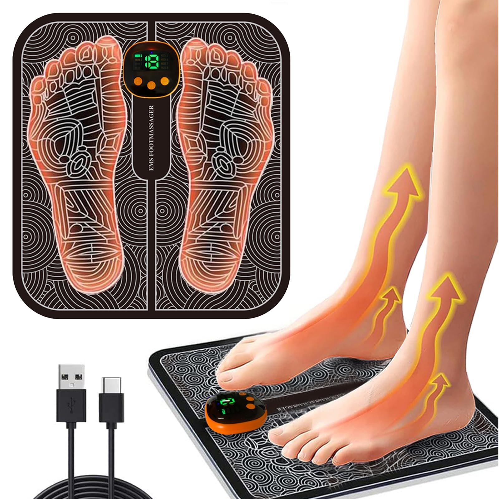 WARDBES EMS Foot Massager,8 Modes 18 Intensities Relax Muscles,Folding Portable Feet Massage Machine,Electronic Muscle Stimulatior Massage Mat
