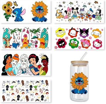 6 Sheets UV DTF Cup Wraps, Waterproof Tumbler Decal Stickers for Glass Cups, Cartoon Design, DIY Heat Transfer Vinyl Stickers for Cups A