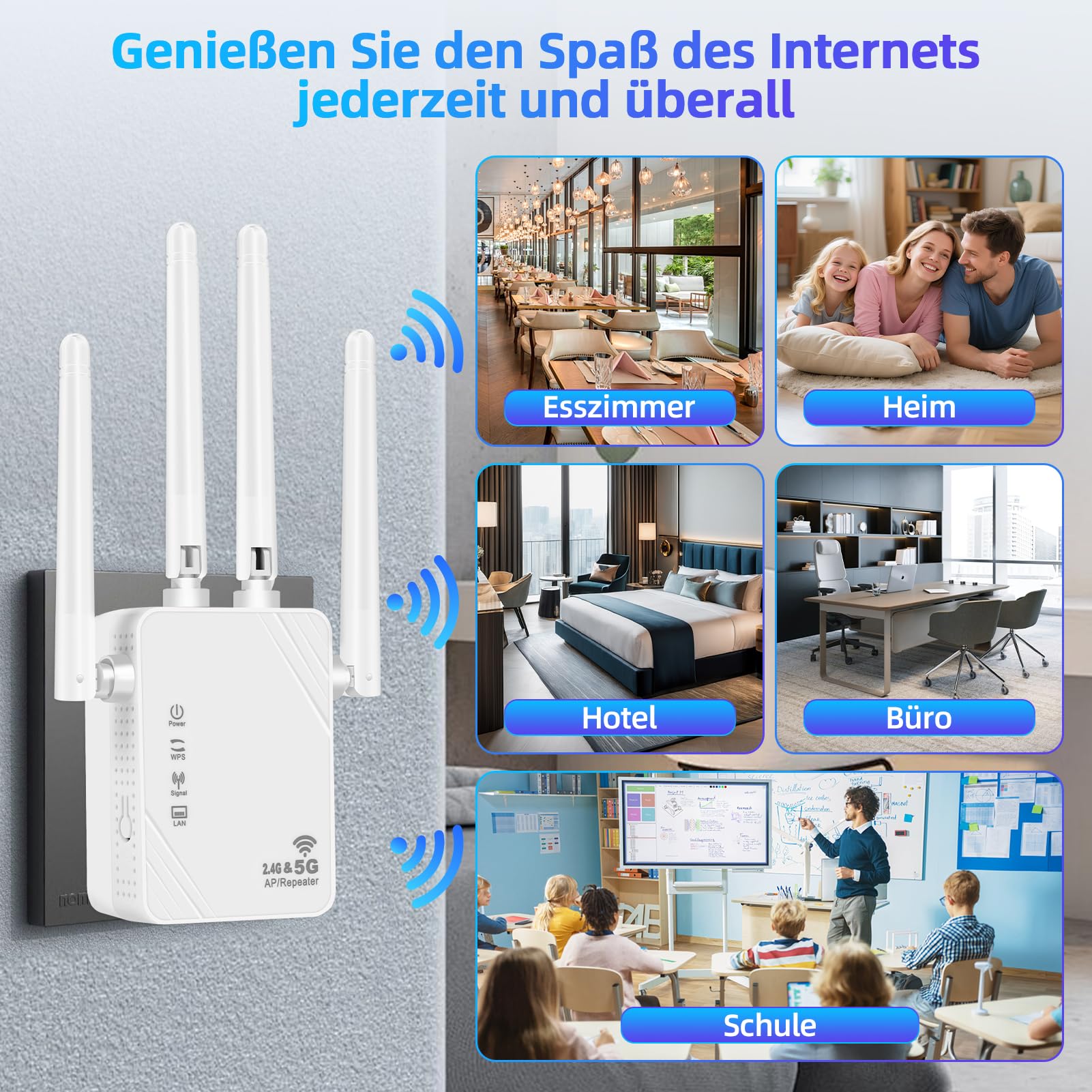 Amplificateur Wi-Fi, répéteur Wi-Fi 1200 Mbit/s, double bande 5G et 2,4 G, amplificateur WiFi ultra extensible avec port LAN, WPS, compatible avec 99 % des routeurs WiFi standard, couvre jusqu'à 9200