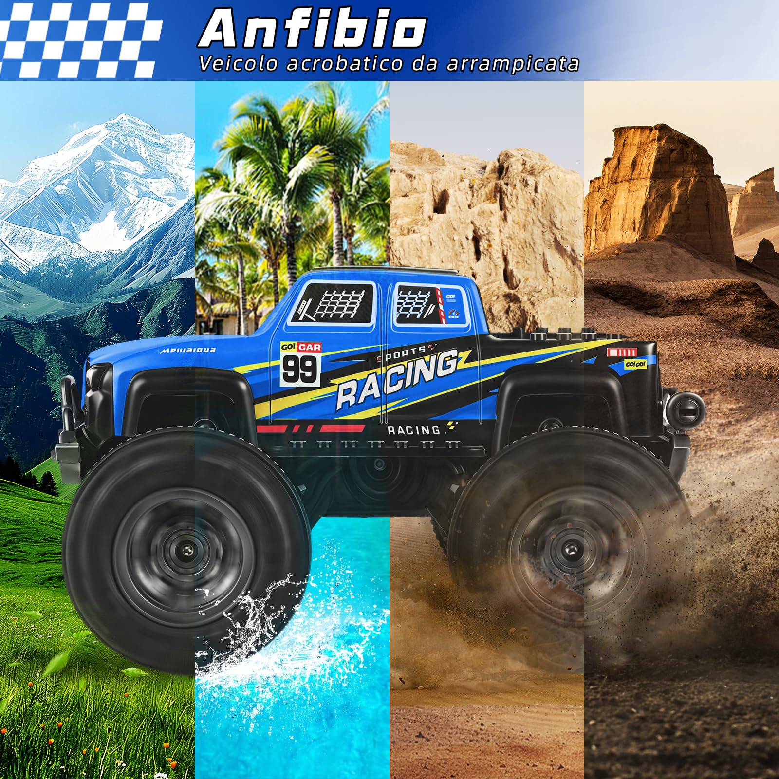 Charmofun Macchina Telecomandata Anfibia 4x4, 2.4GHz 4WD Monster Truck Telecomandato con Luci e 2 Batterie, Impermeabile Macchina Telecomandata per Bambini Regalo di Natale e Compleanno