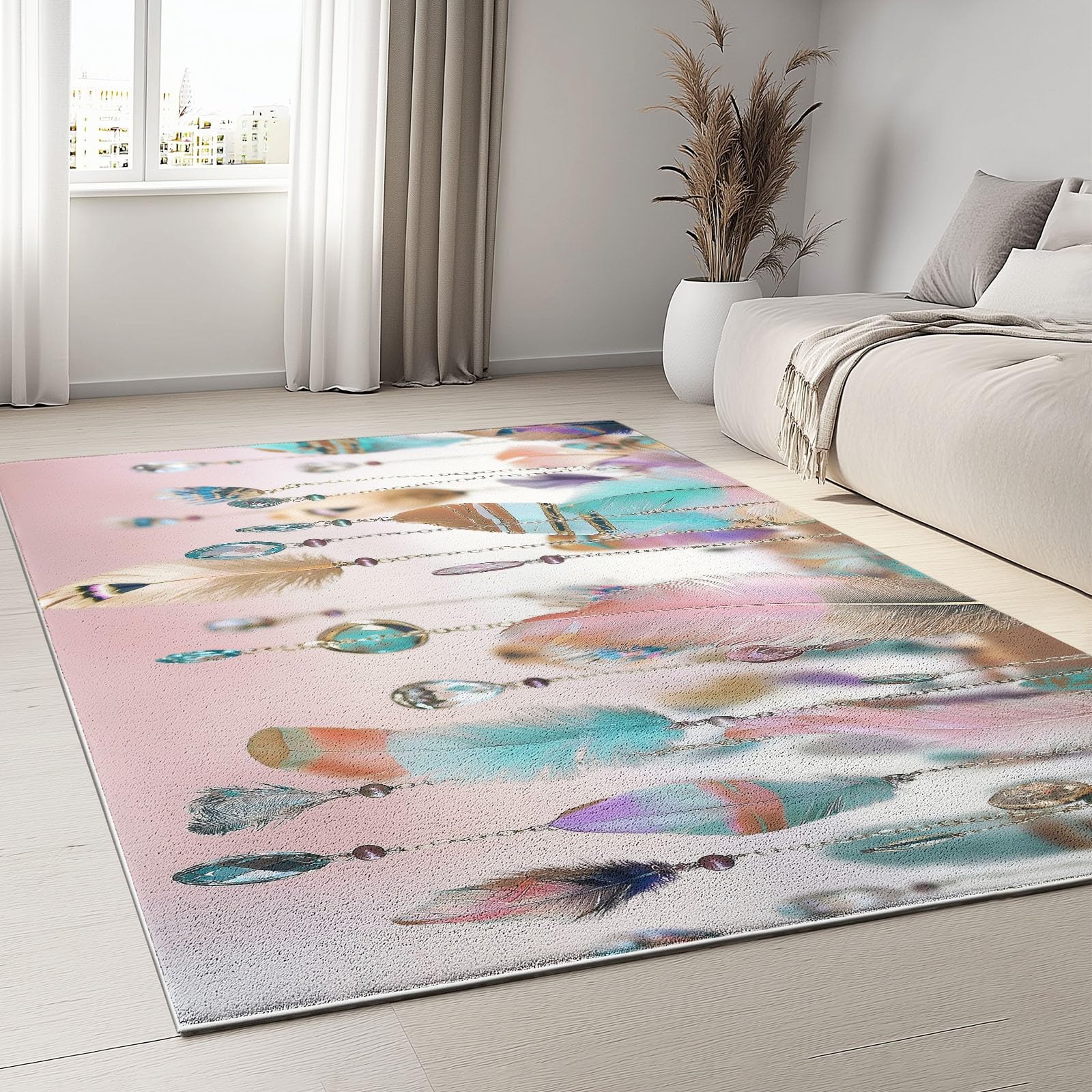 Tapis salon entrée interieur antidérapant motif plumes bohèmes tapis doux lavable