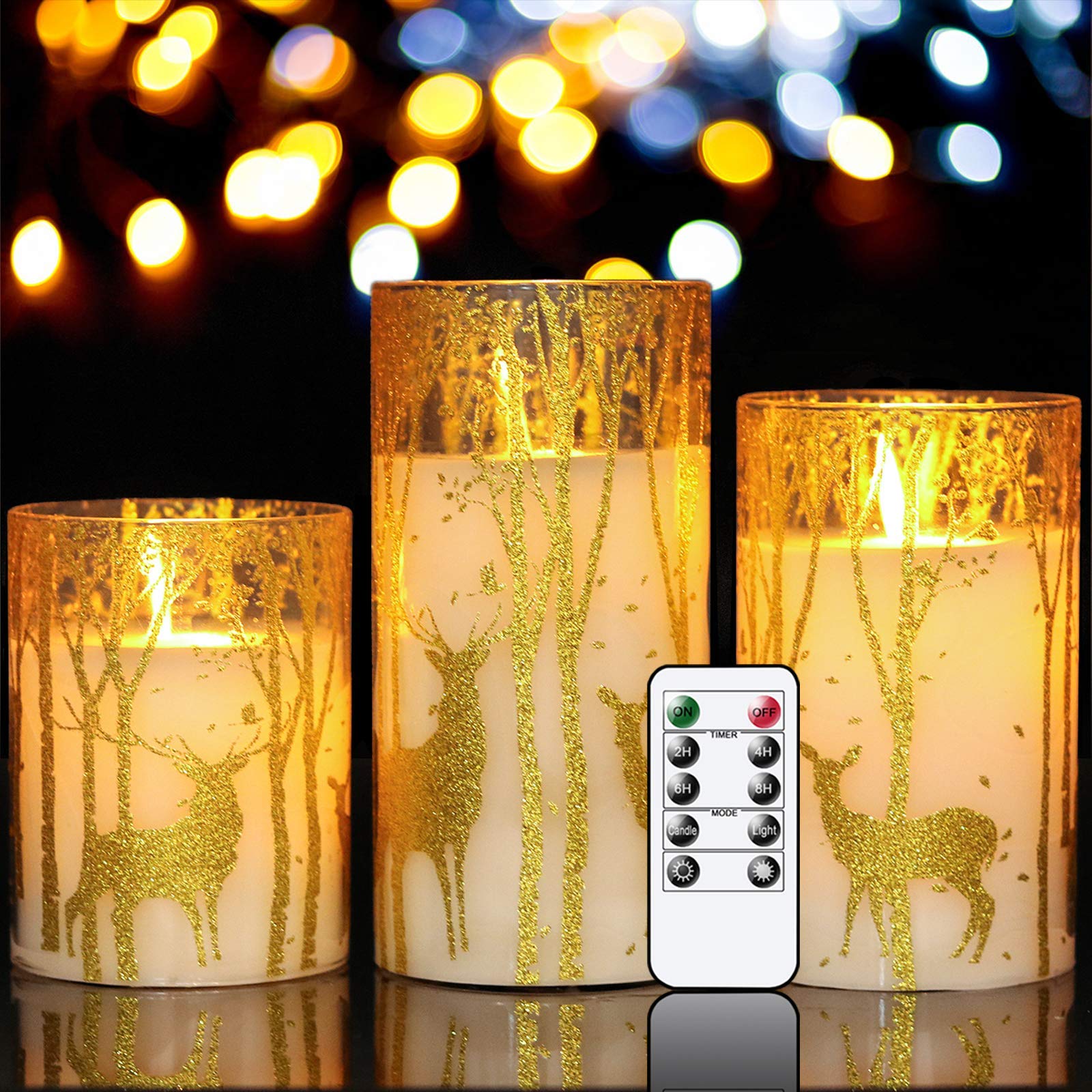 GenSwin Glass Flameless Candles with Elk Decor and Remote Timers, Battery Operated Moving Wick Led Flickering Light, Set of 3 Real Wax Pillar Candles for Christmas Home Decoration