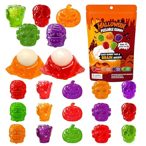 Halloween Party Favors – 65ct Peelable Gummy Candy, Assorted Fruit Flavored | Jack-O'-Lantern, Frankenstein, Hand, Skeleton & Mummy Themed Peelable Gummies, Individually Wrapped, Halloween Goodie Bags - 65-Count Bag of Halloween Peelable Gummy Candy (Jack-o'-lantern, Frankenstein, Hand, Skull, Mummy)