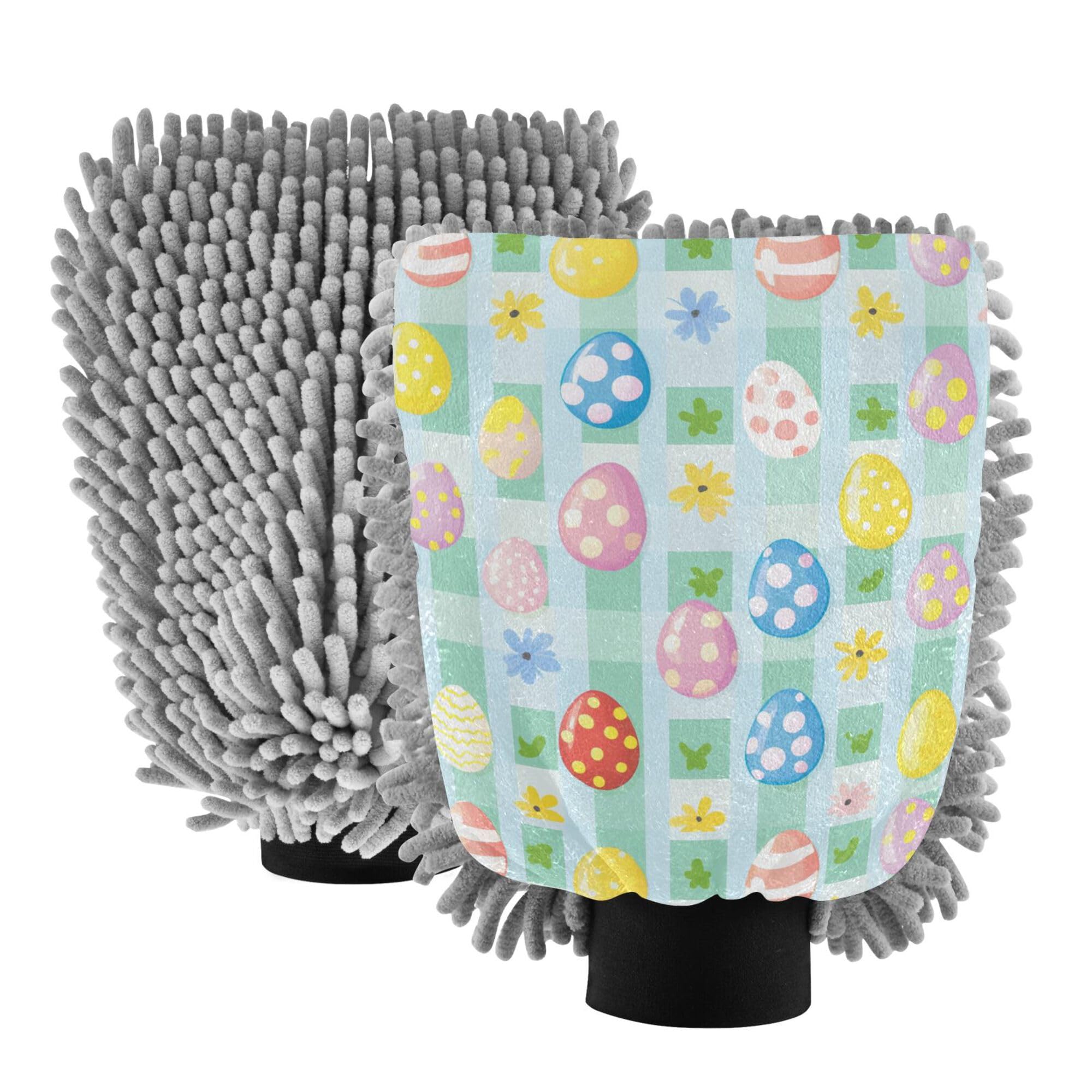 Easter Eggs Stripe Flowers Wash Mitten for Cars 2 Pack Car Washing Gloves Scratch Free Cleaning Mitten for Wash Drying